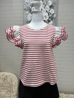 Red Striped Top w/ Flutter sleeve
