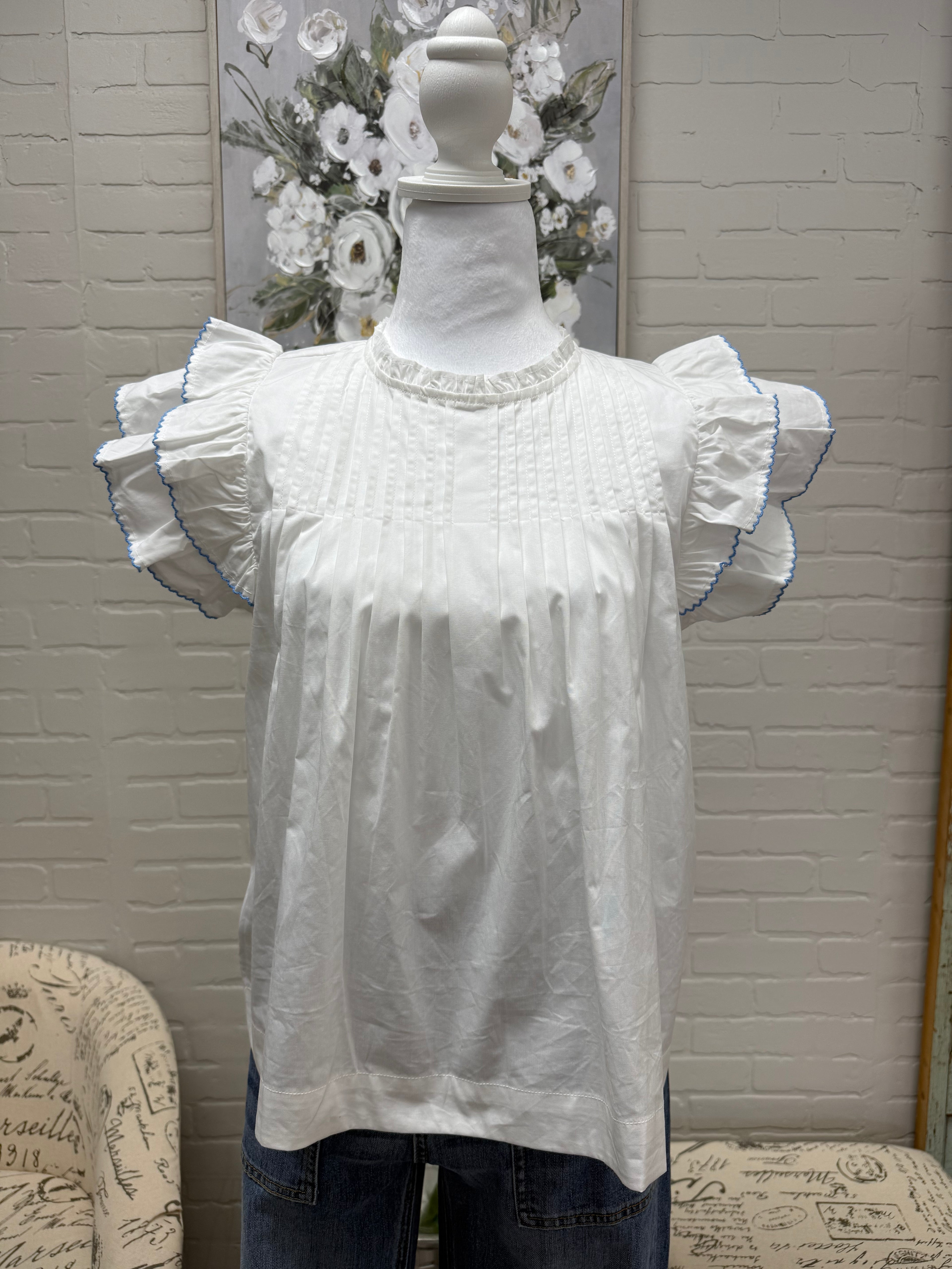 Off White Blouse w/ Blue Trim