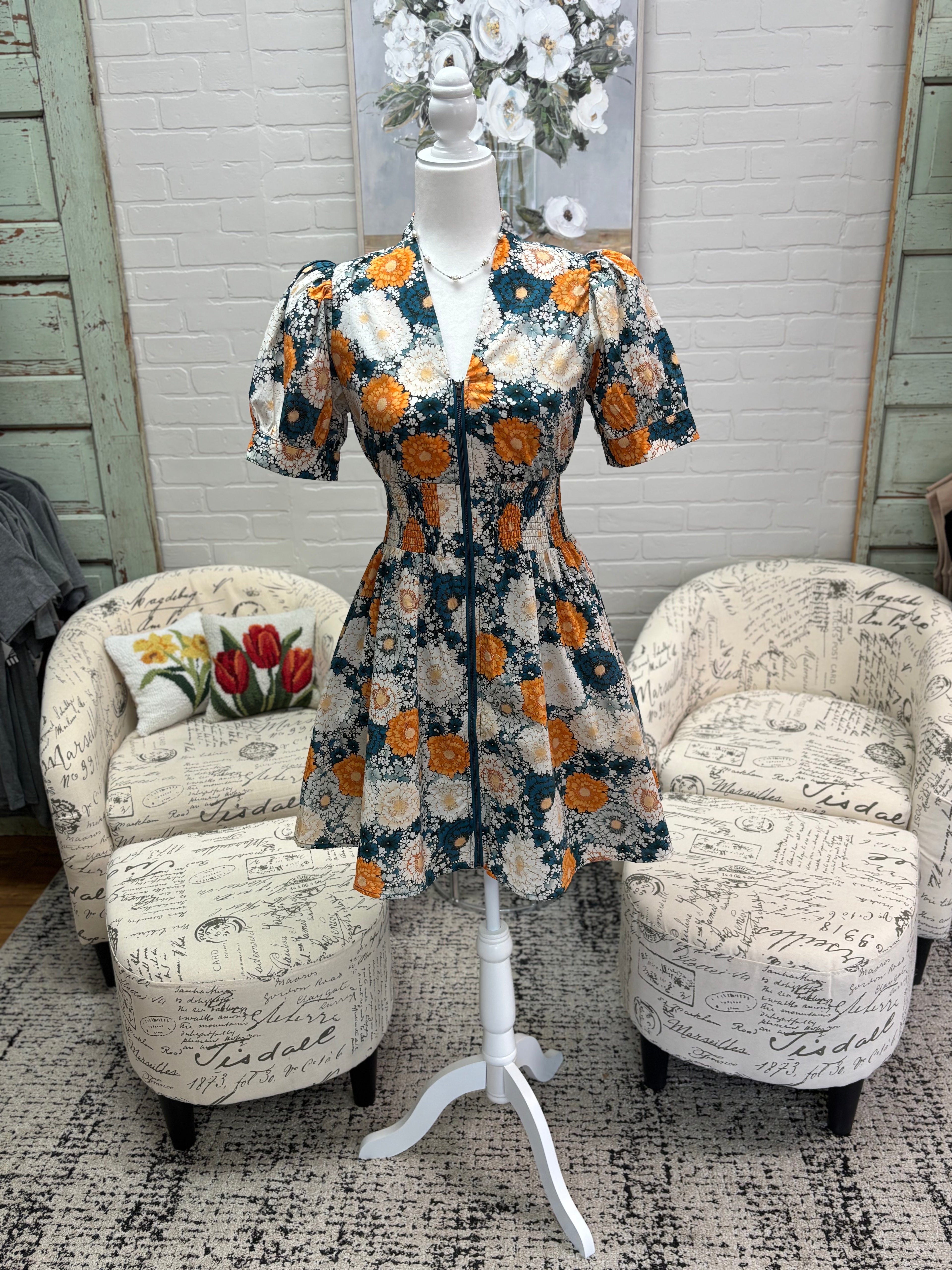 Teal Multi-Floral Dress