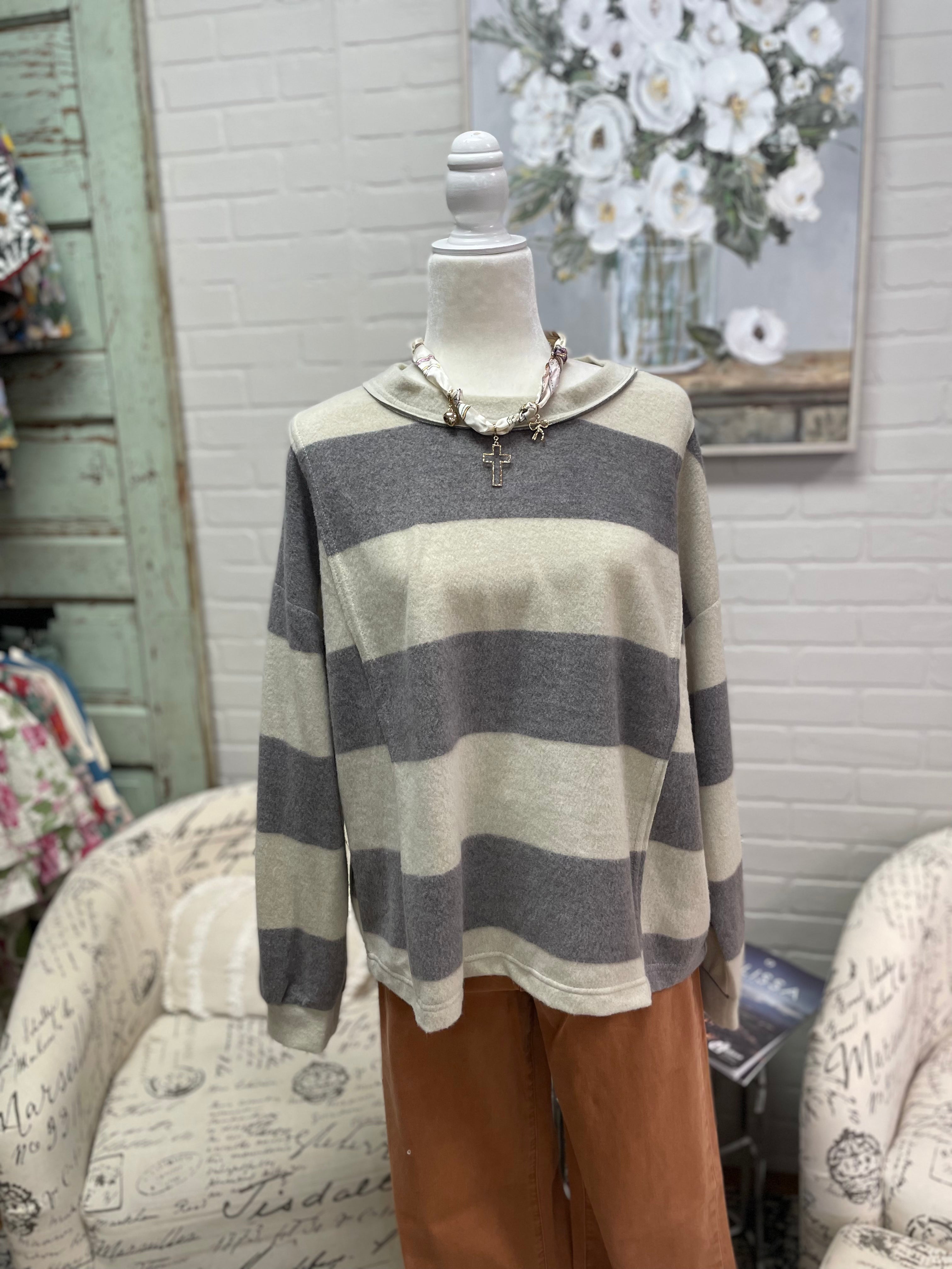 Washed Charcoal Striped Knit Top