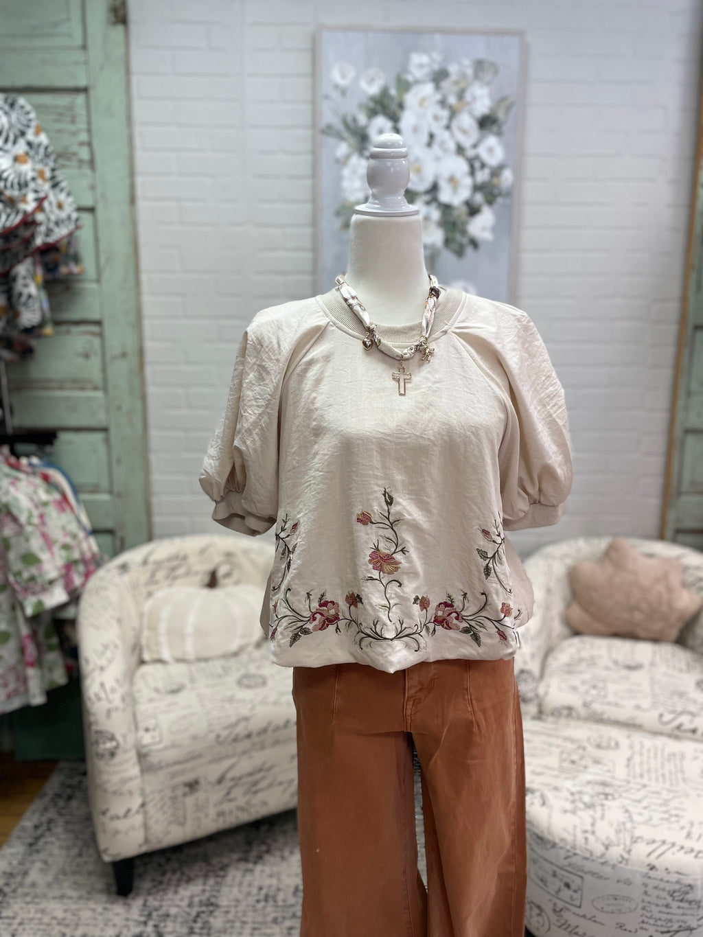 Cream Floral Bubble Hem Top