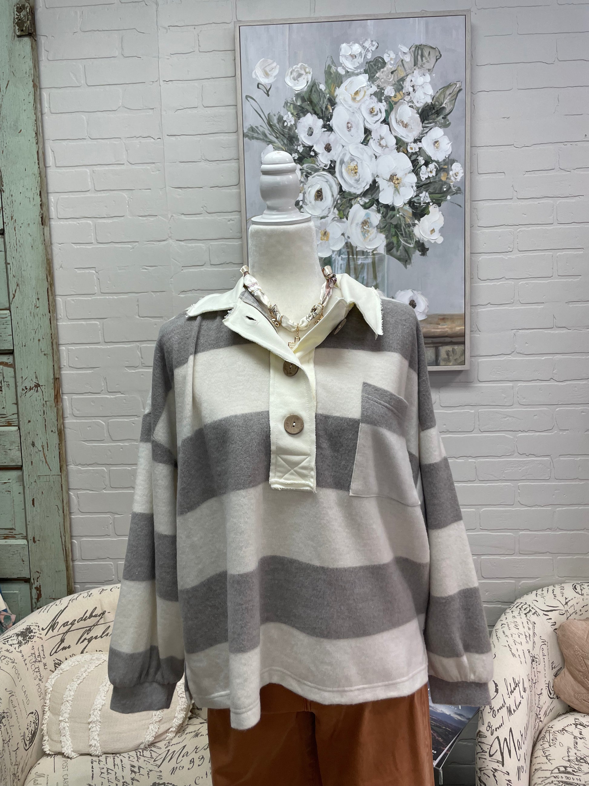Taupe Collared Striped Top