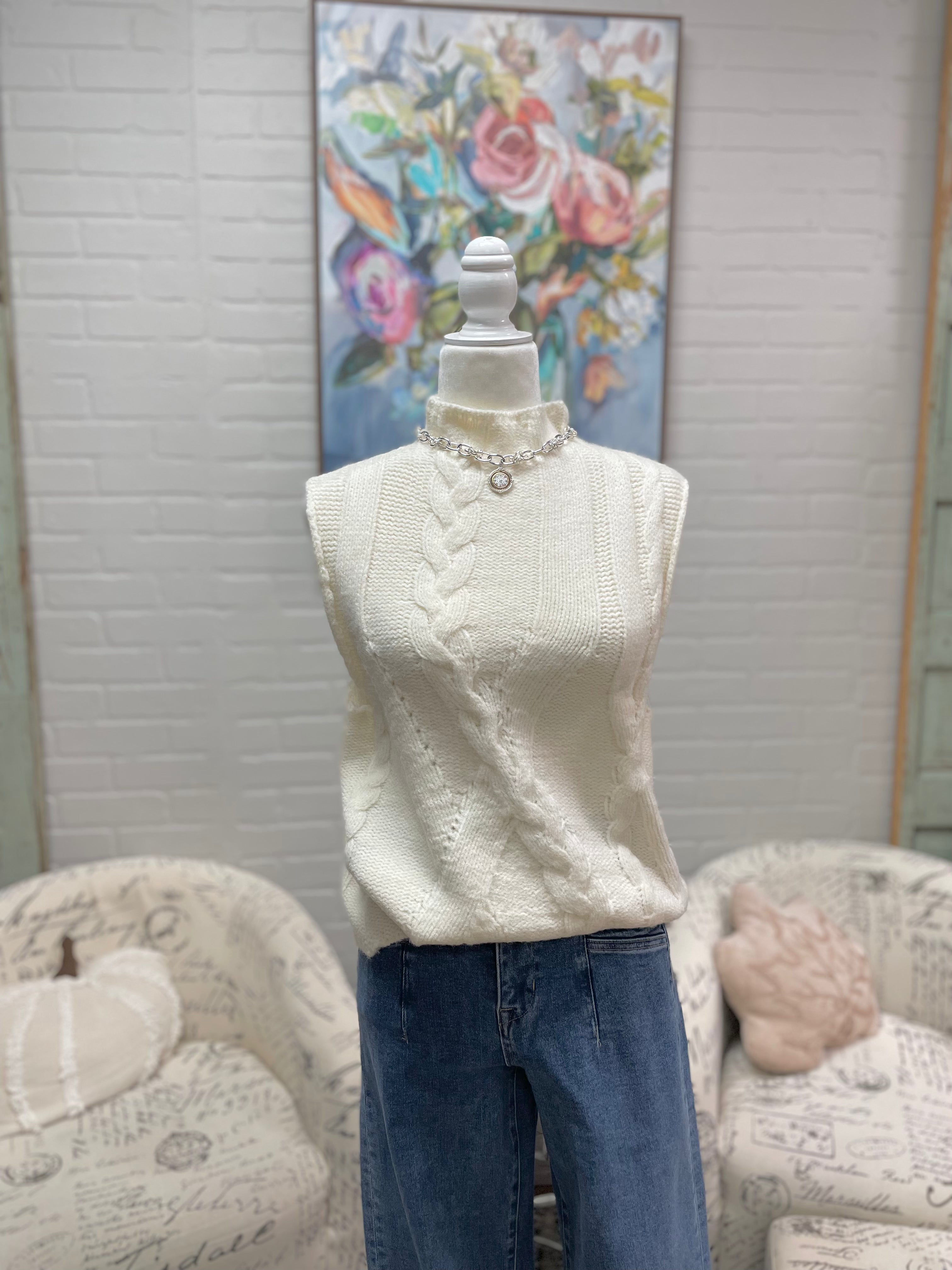 Cream Cable Knit Mock Neck