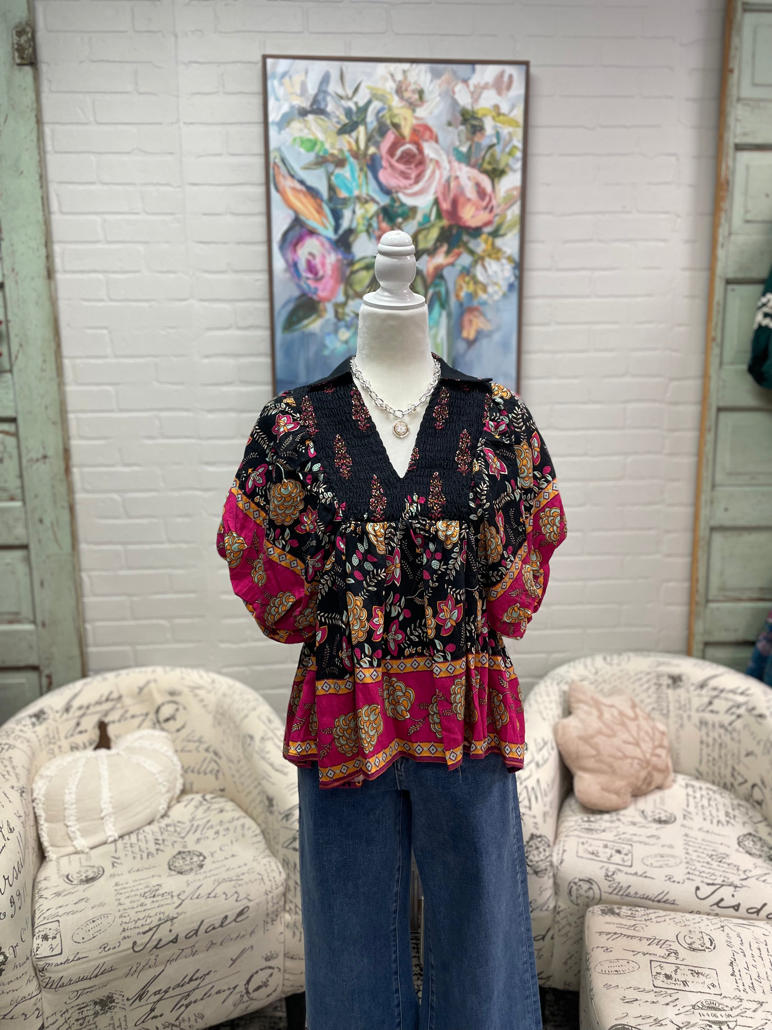 Black Botanical Print Top