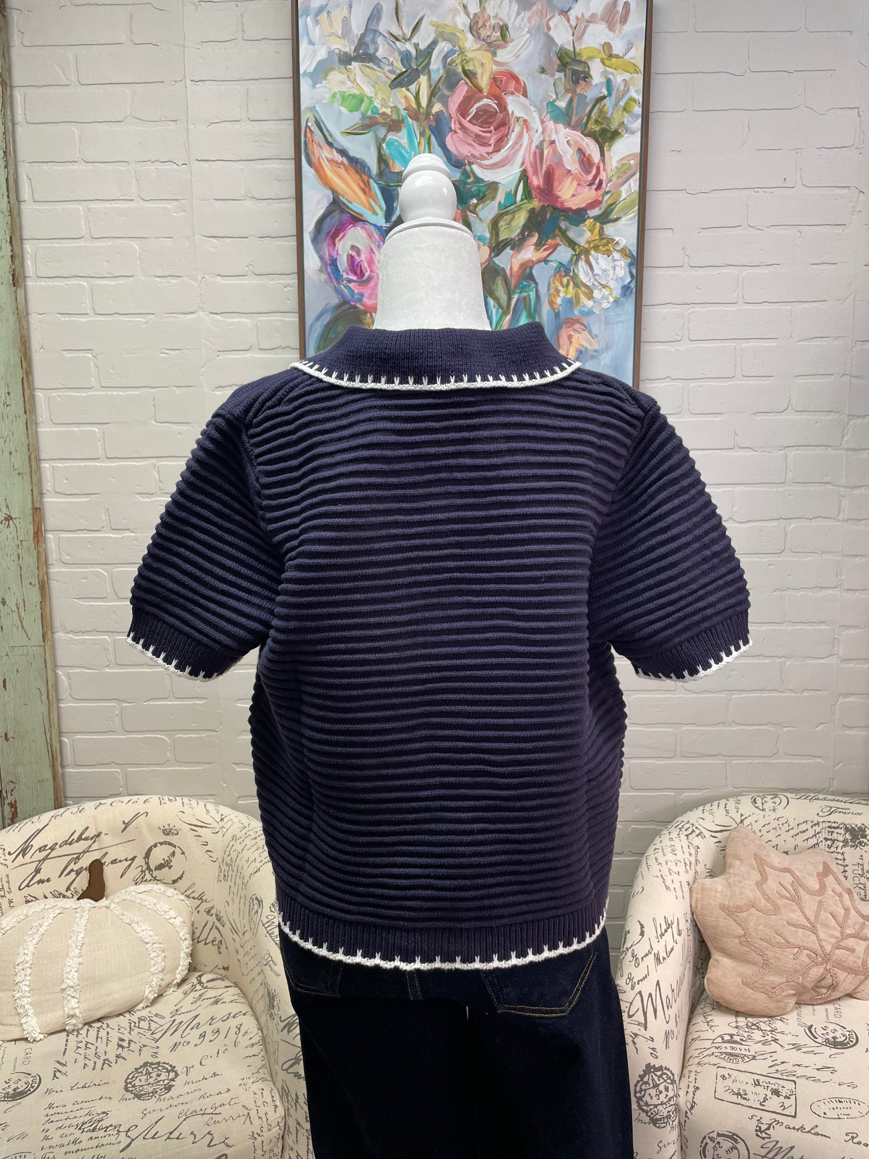 Navy Short Sleeve Button-Up Sweater