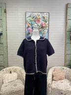 Navy Short Sleeve Button-Up Sweater