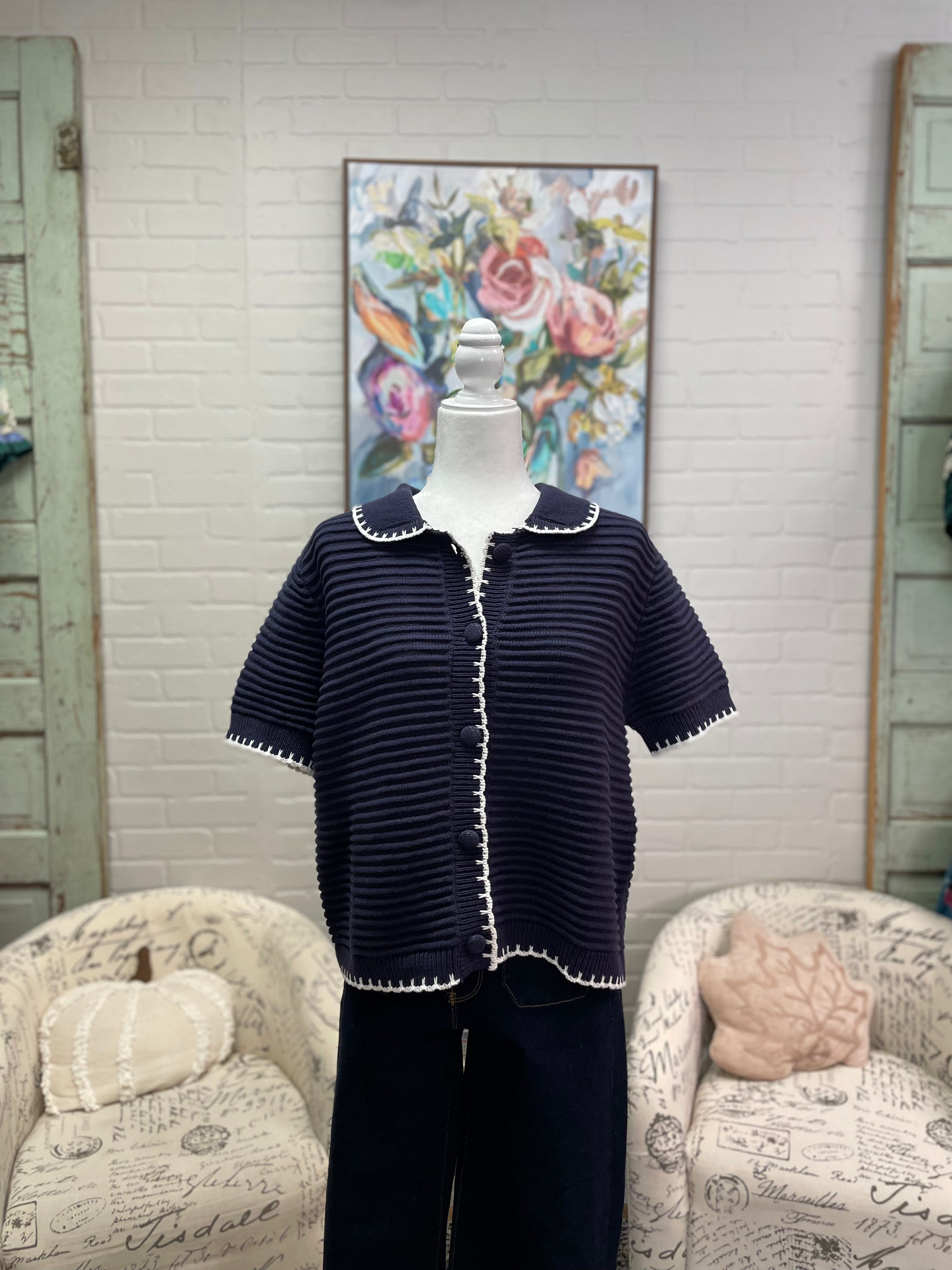 Navy Short Sleeve Button-Up Sweater