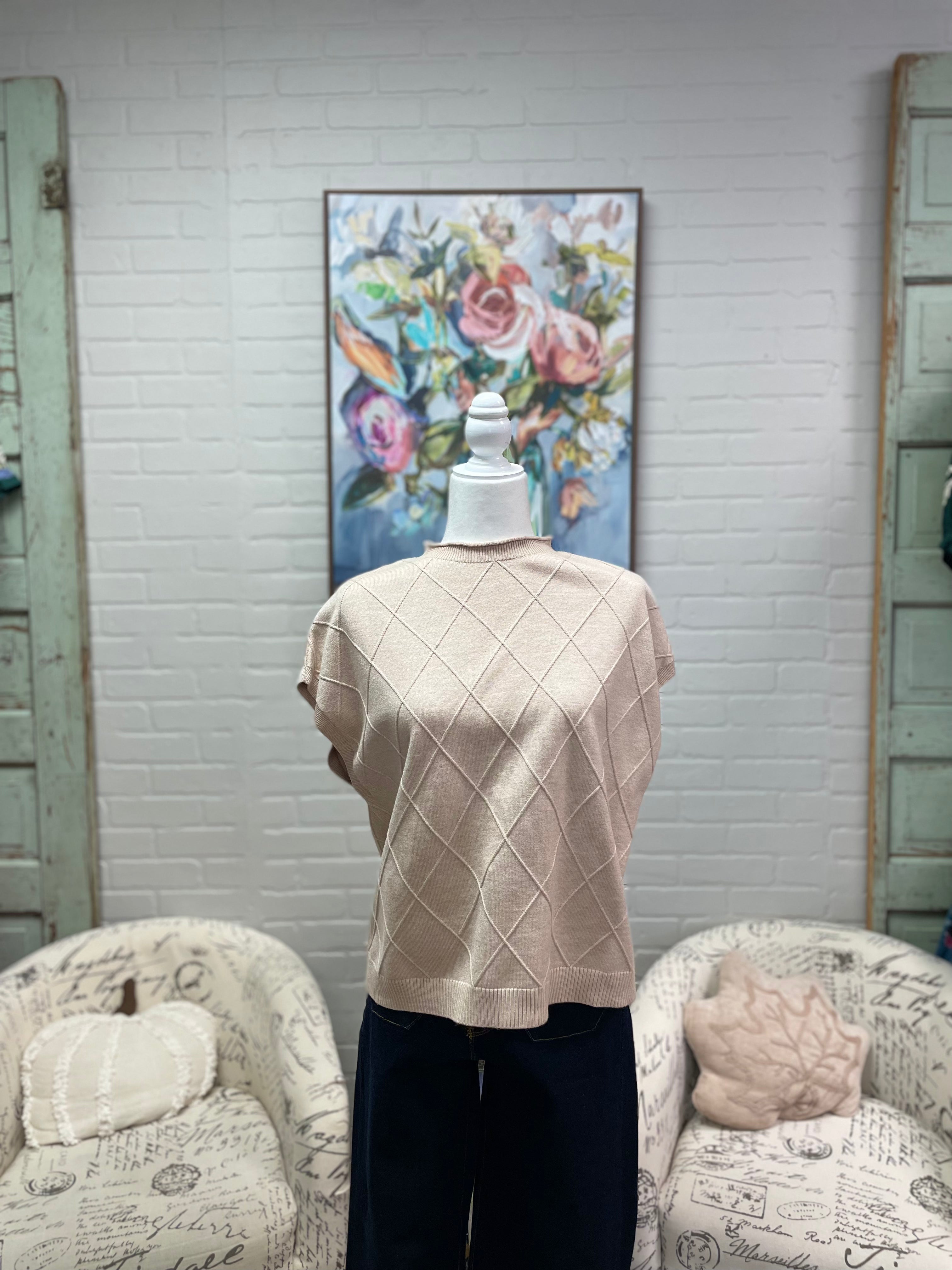 Taupe Patterned Mock Neck Sweater