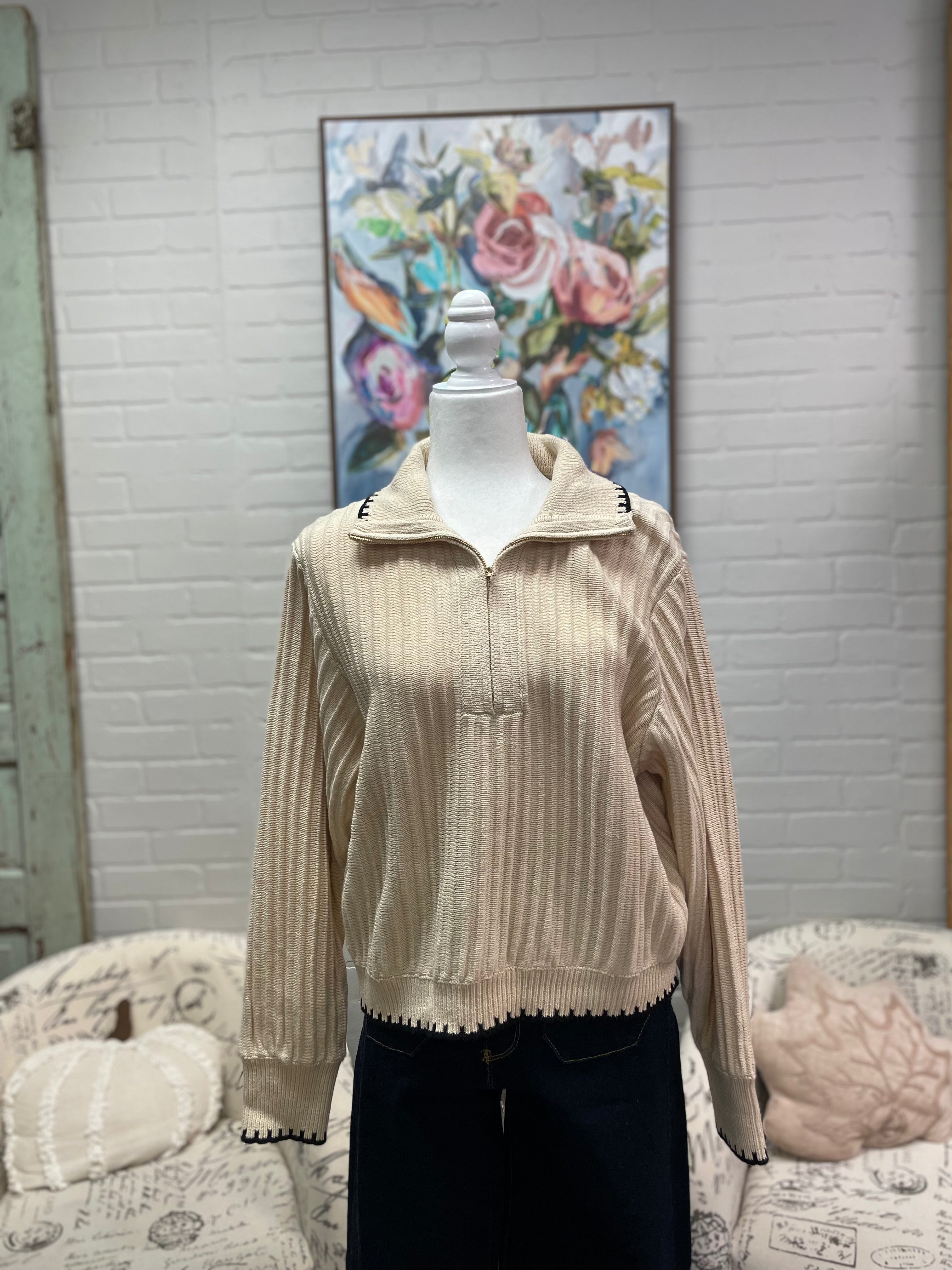 Beige Ribbed Half-Zip Sweater