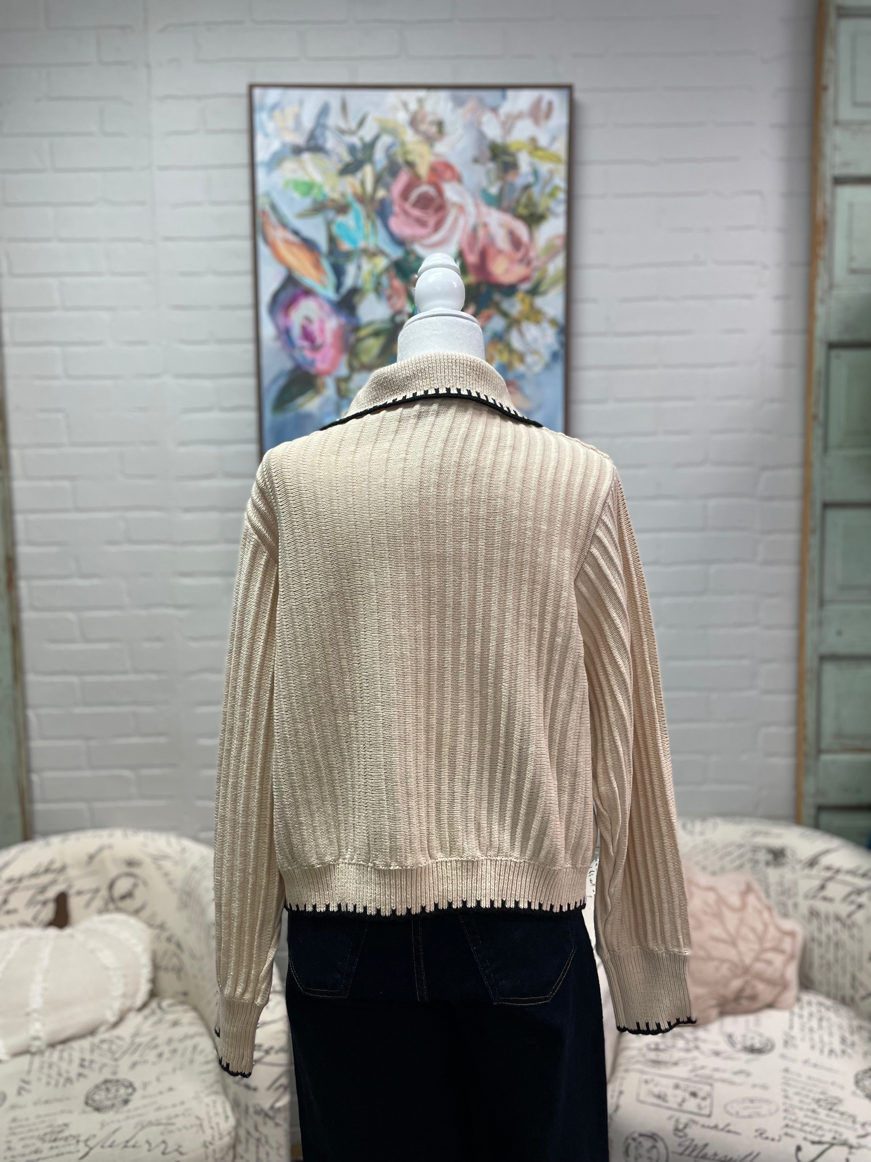 Beige Ribbed Half-Zip Sweater