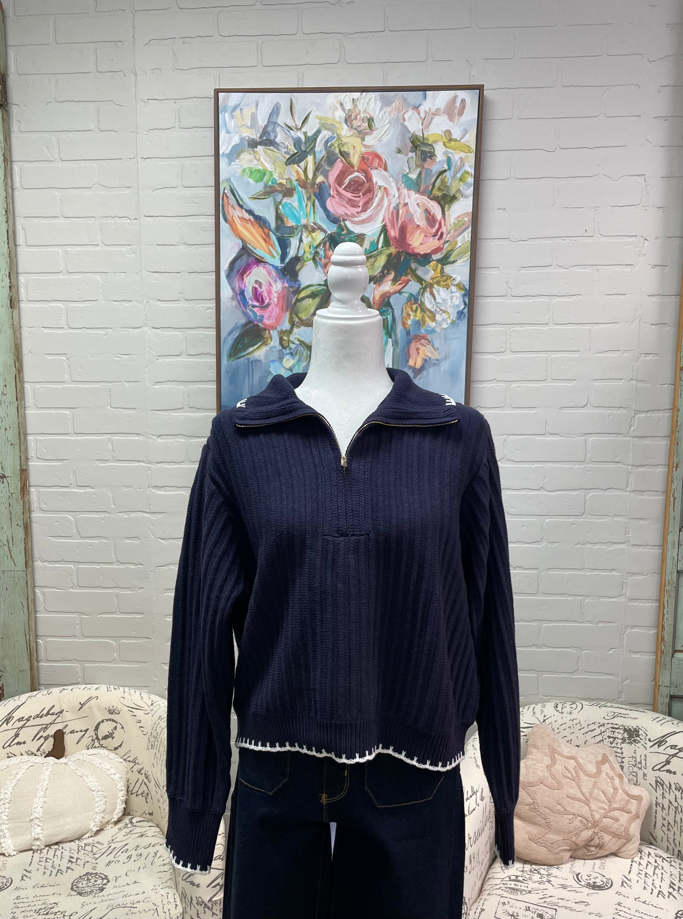 Navy Ribbed Half-Zip Sweater