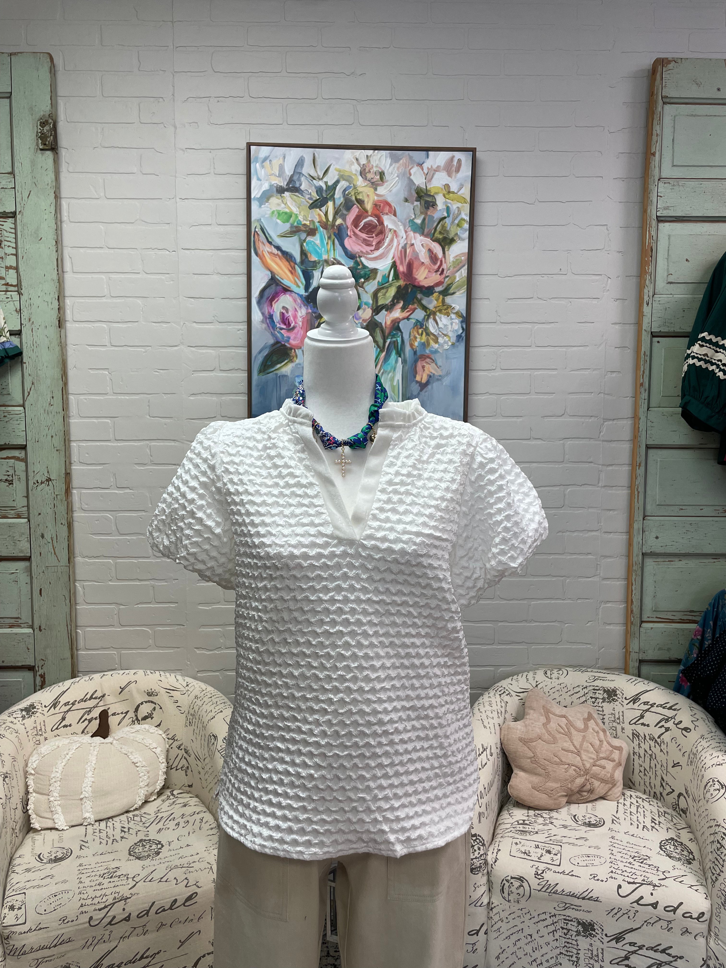 White Textured Puff Sleeve Top