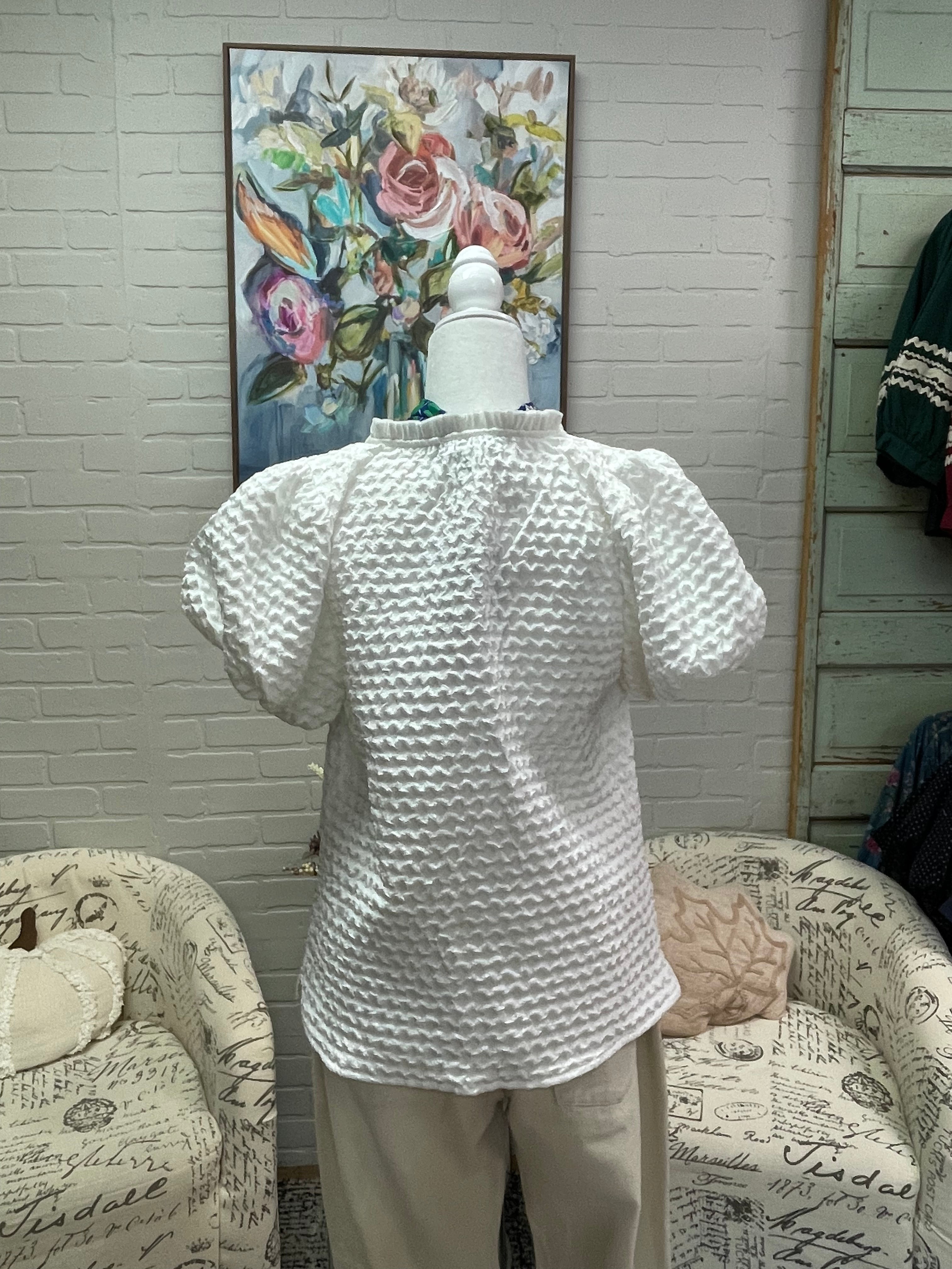 White Textured Puff Sleeve Top