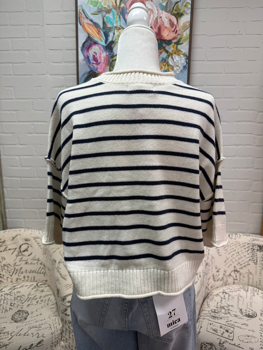 Navy Striped Short Sleeve Sweater