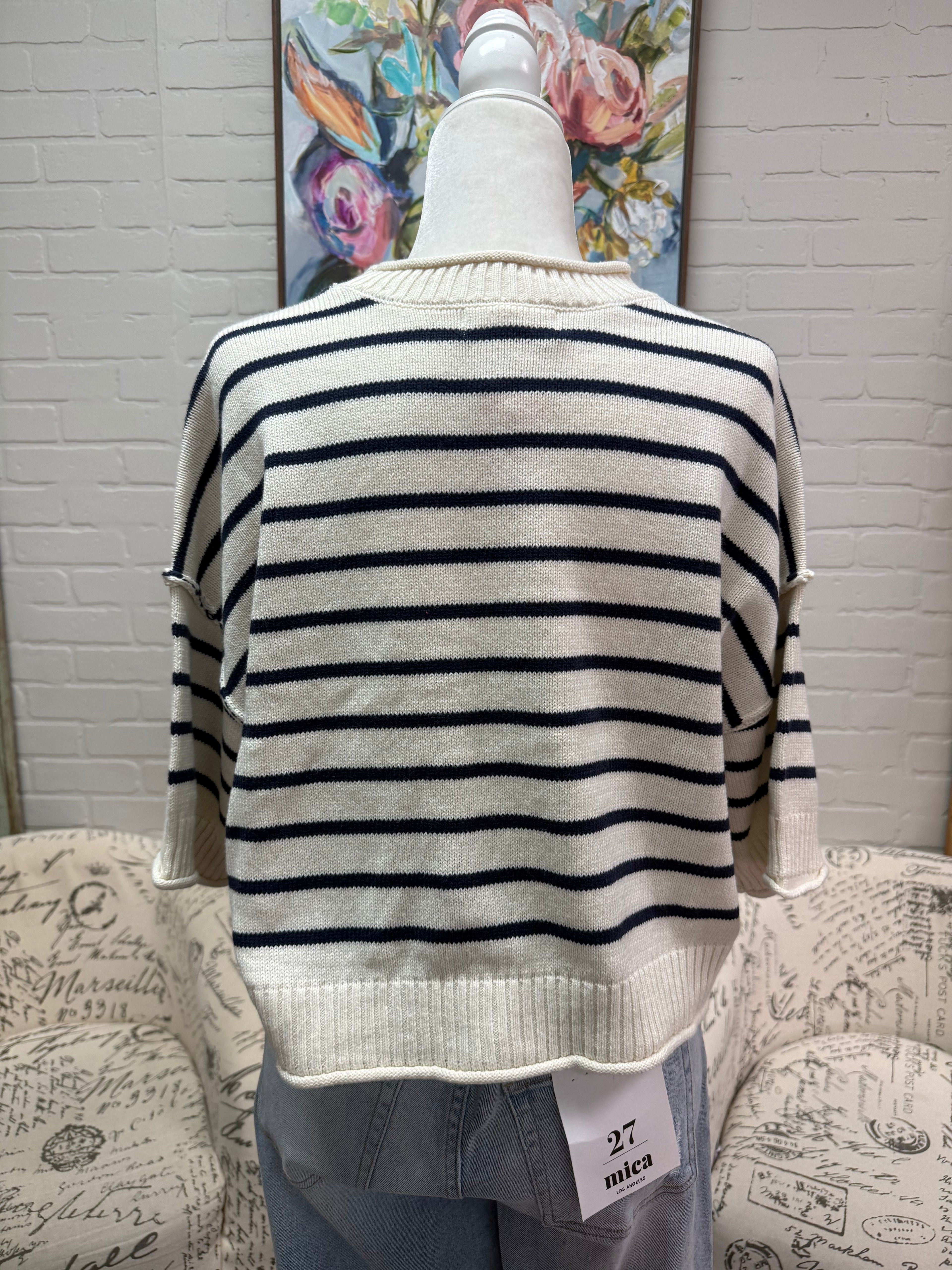 Navy Striped Short Sleeve Sweater