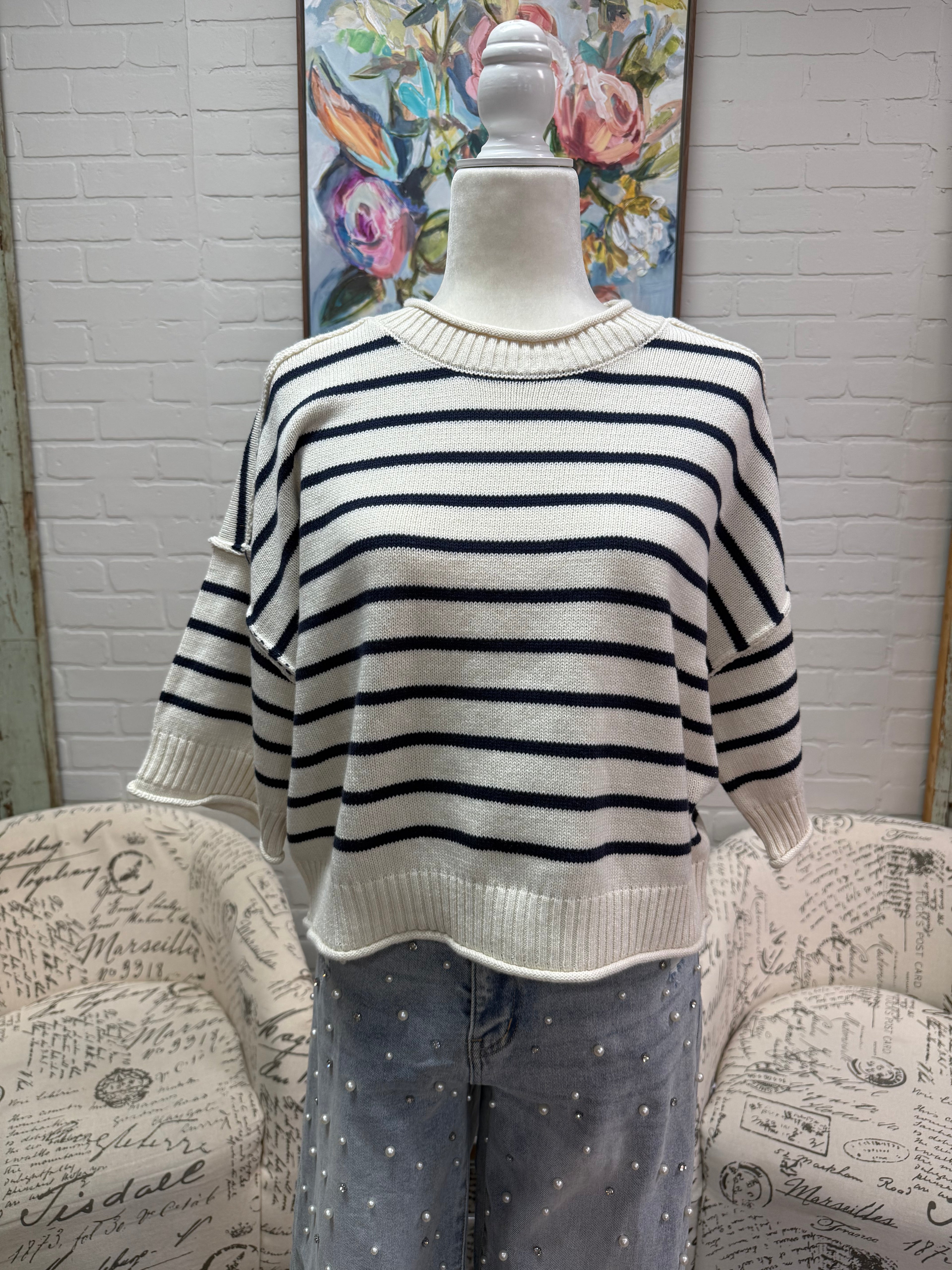 Navy Striped Short Sleeve Sweater