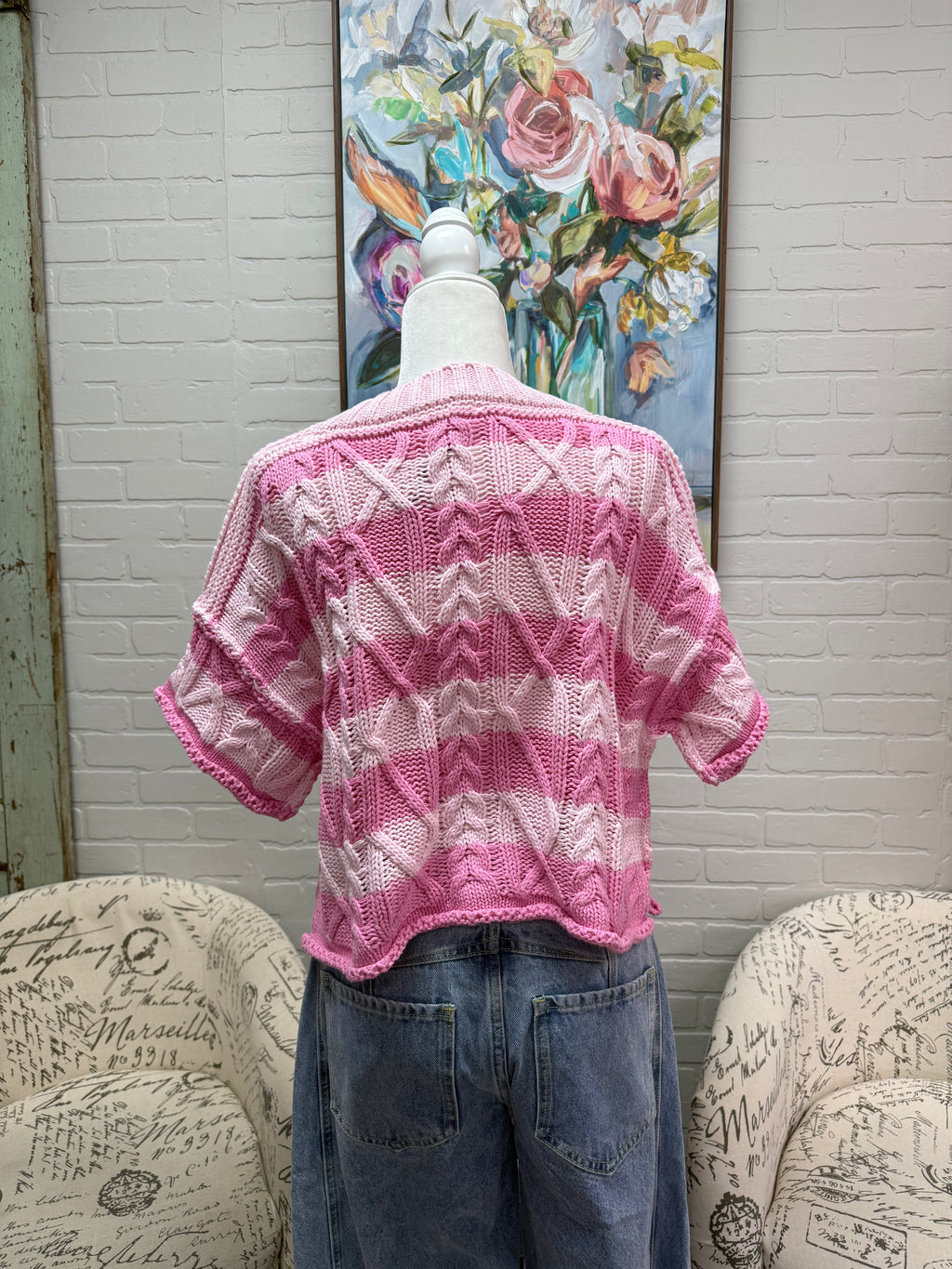 Pink Striped Short Sleeved Sweater
