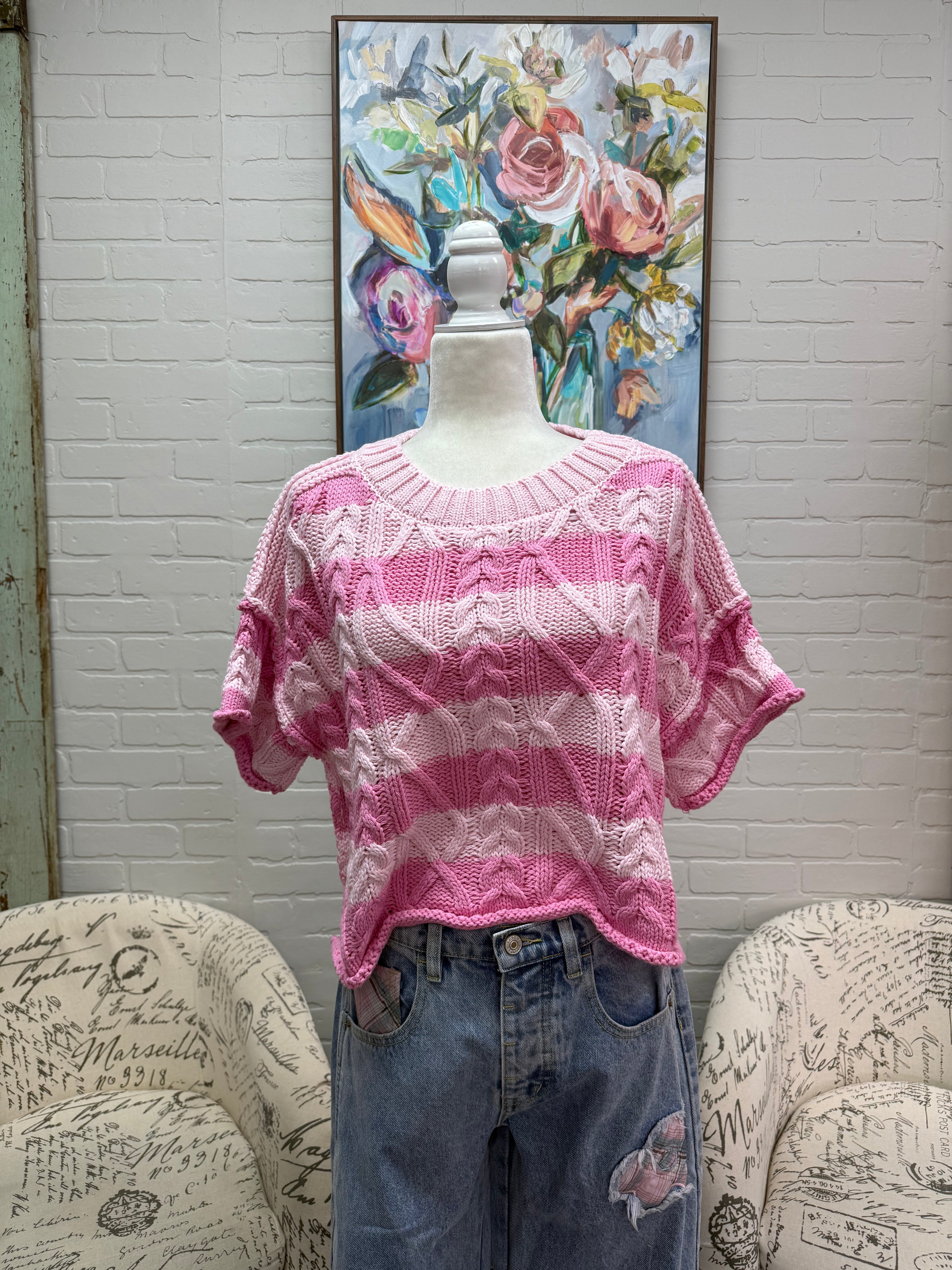 Pink Striped Short Sleeved Sweater