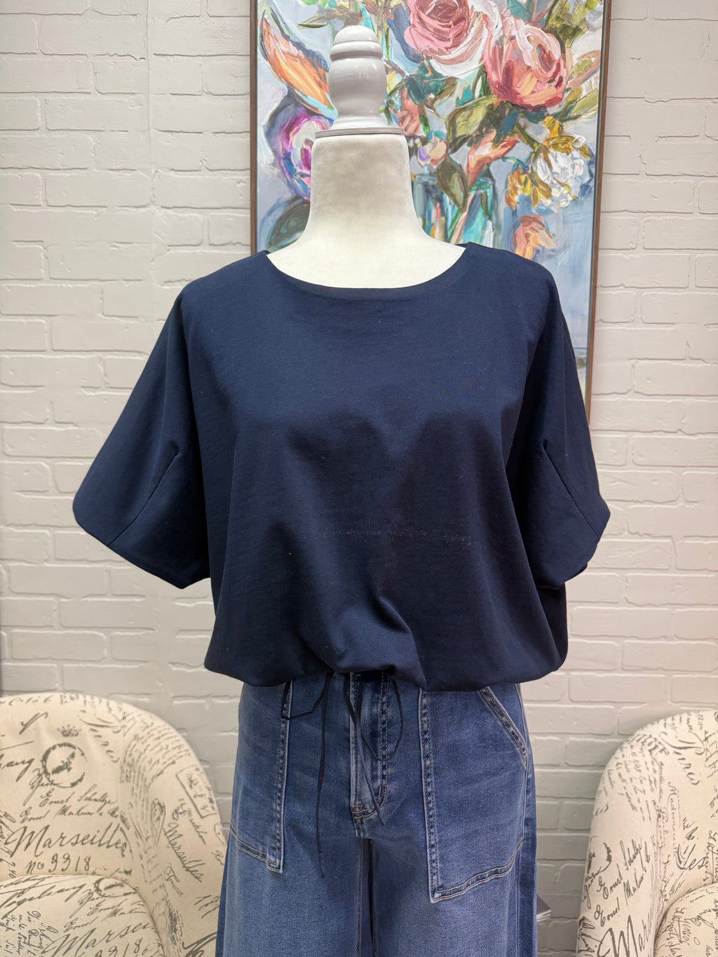 Navy Drawstring Top