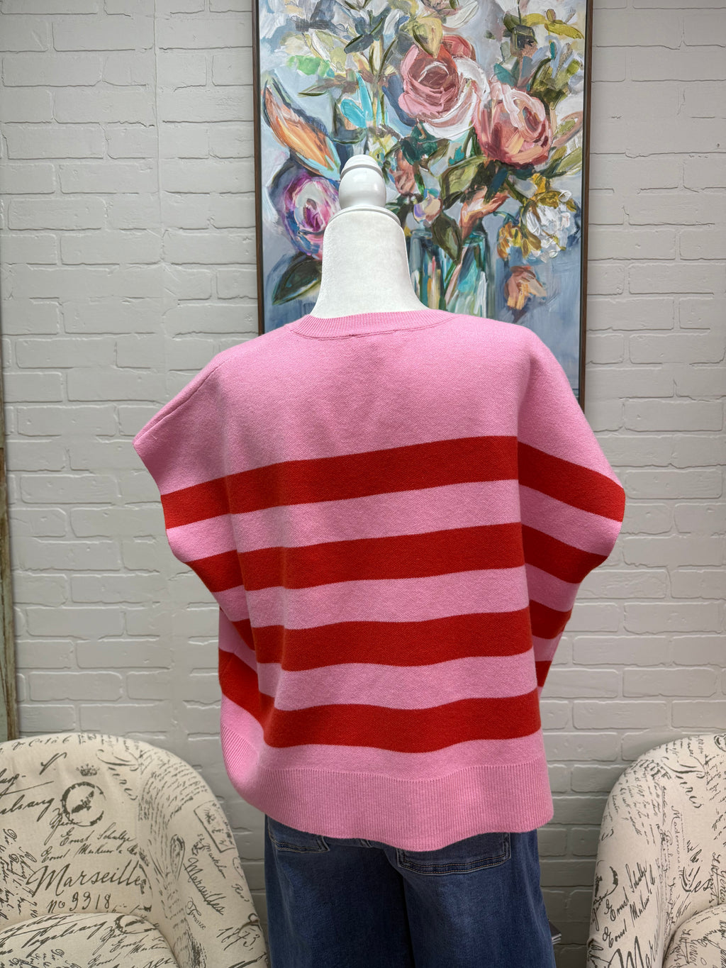 Pink Striped Short Sleeved Sweater