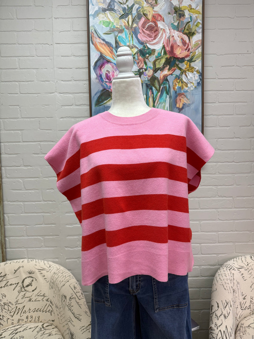 Pink Striped Short Sleeved Sweater