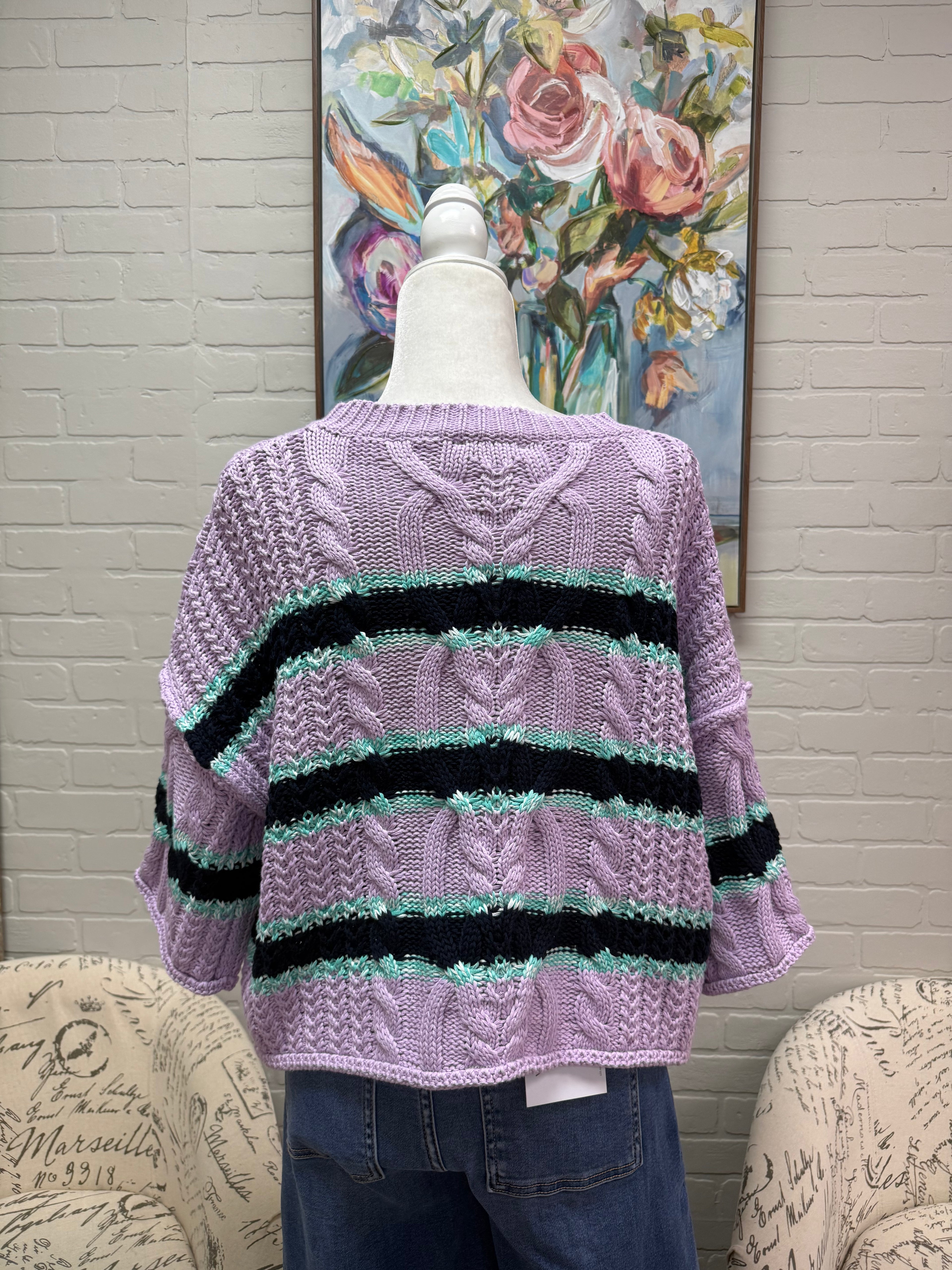 Lavender Chunky Striped Short Sleeve Sweater