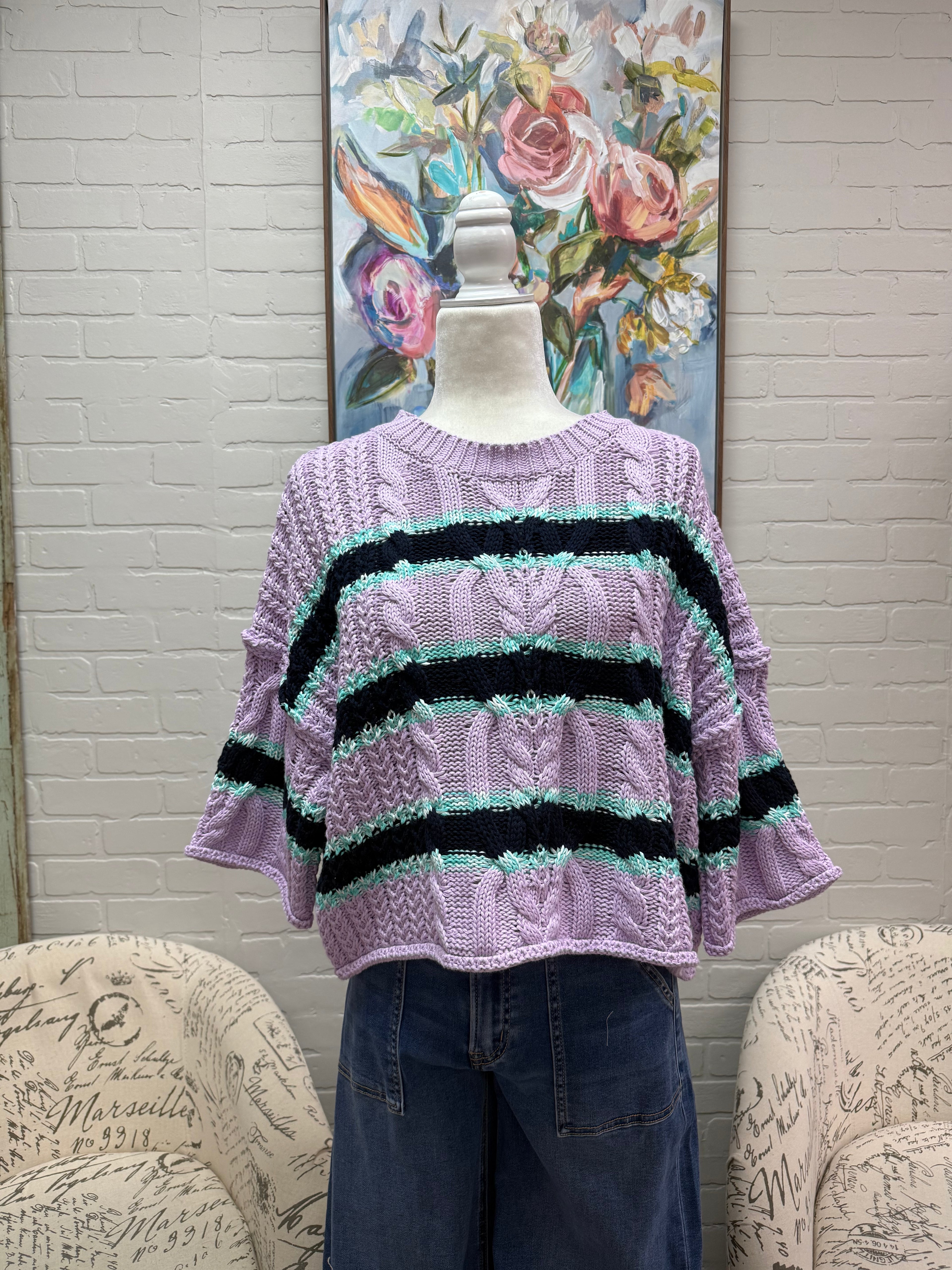 Lavender Chunky Striped Short Sleeve Sweater