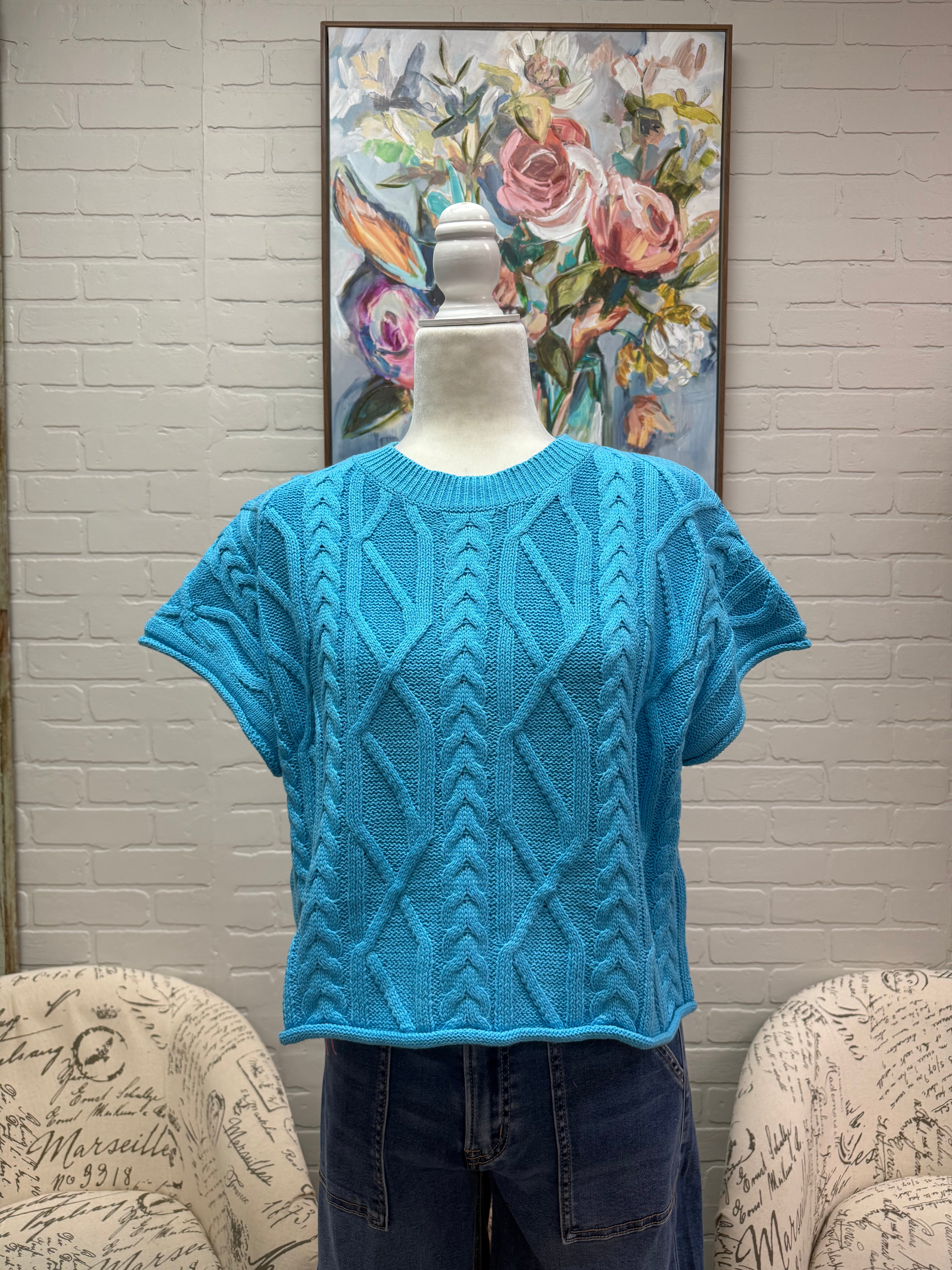 Blue Short Sleeve Cable Knit Sweater