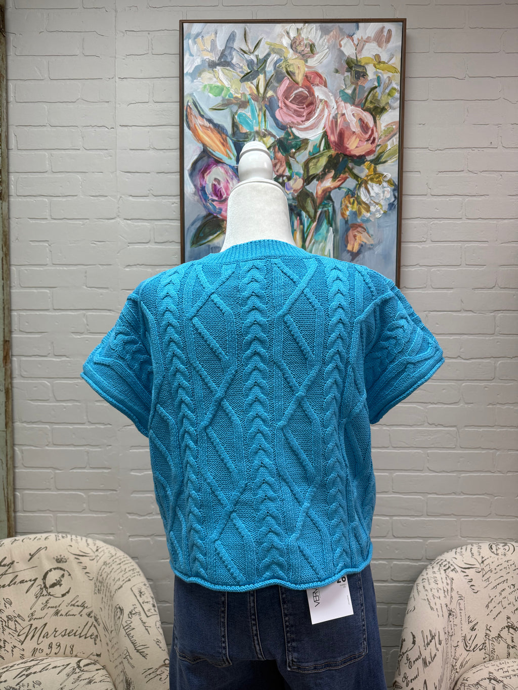 Blue Short Sleeve Cable Knit Sweater