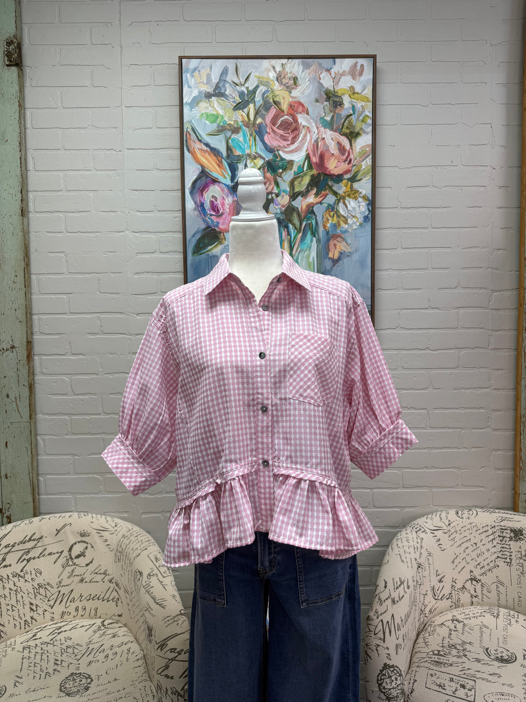 Pink Gingham Ruffle Hem Top