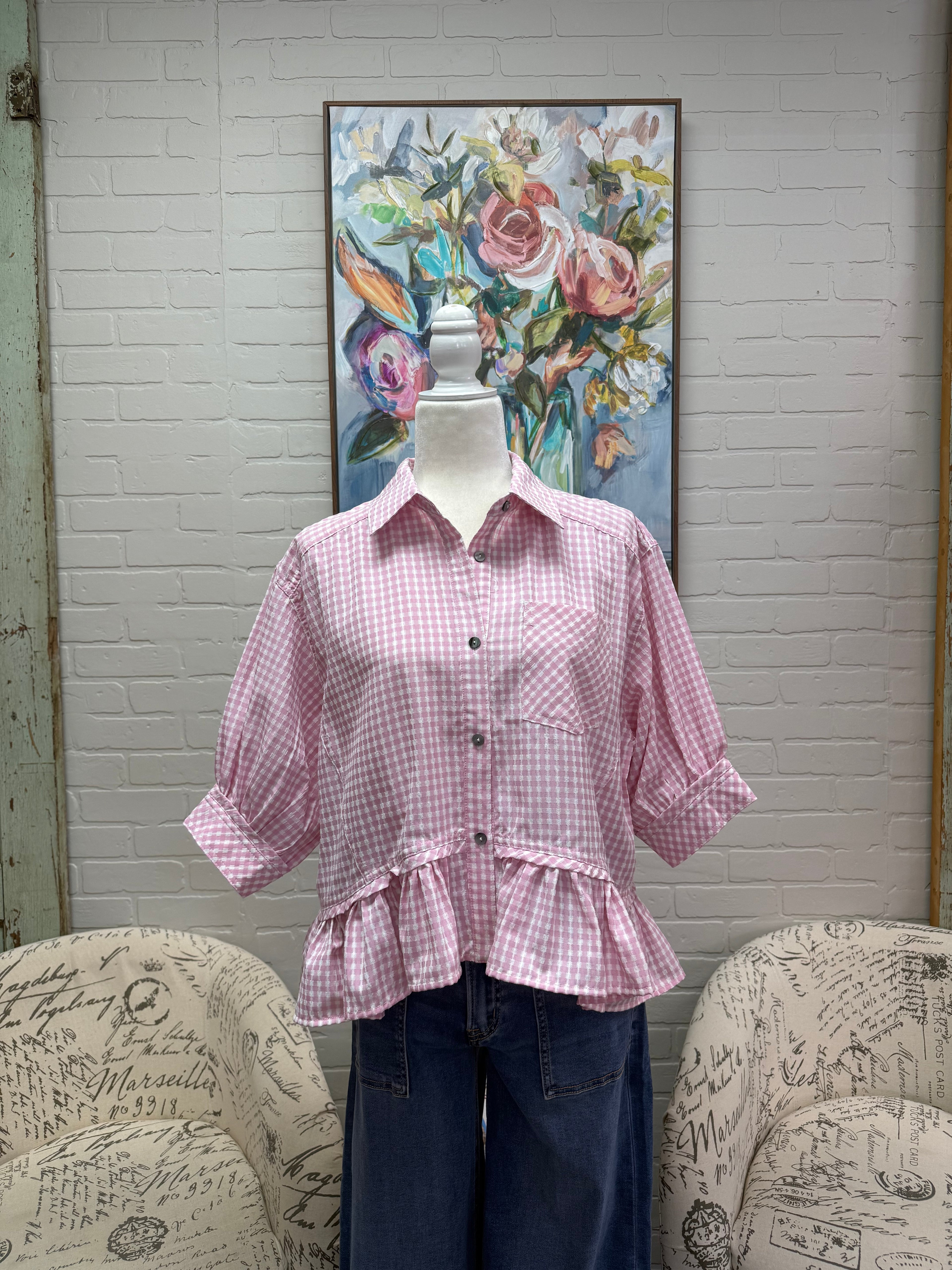 Pink Gingham Ruffle Hem Top
