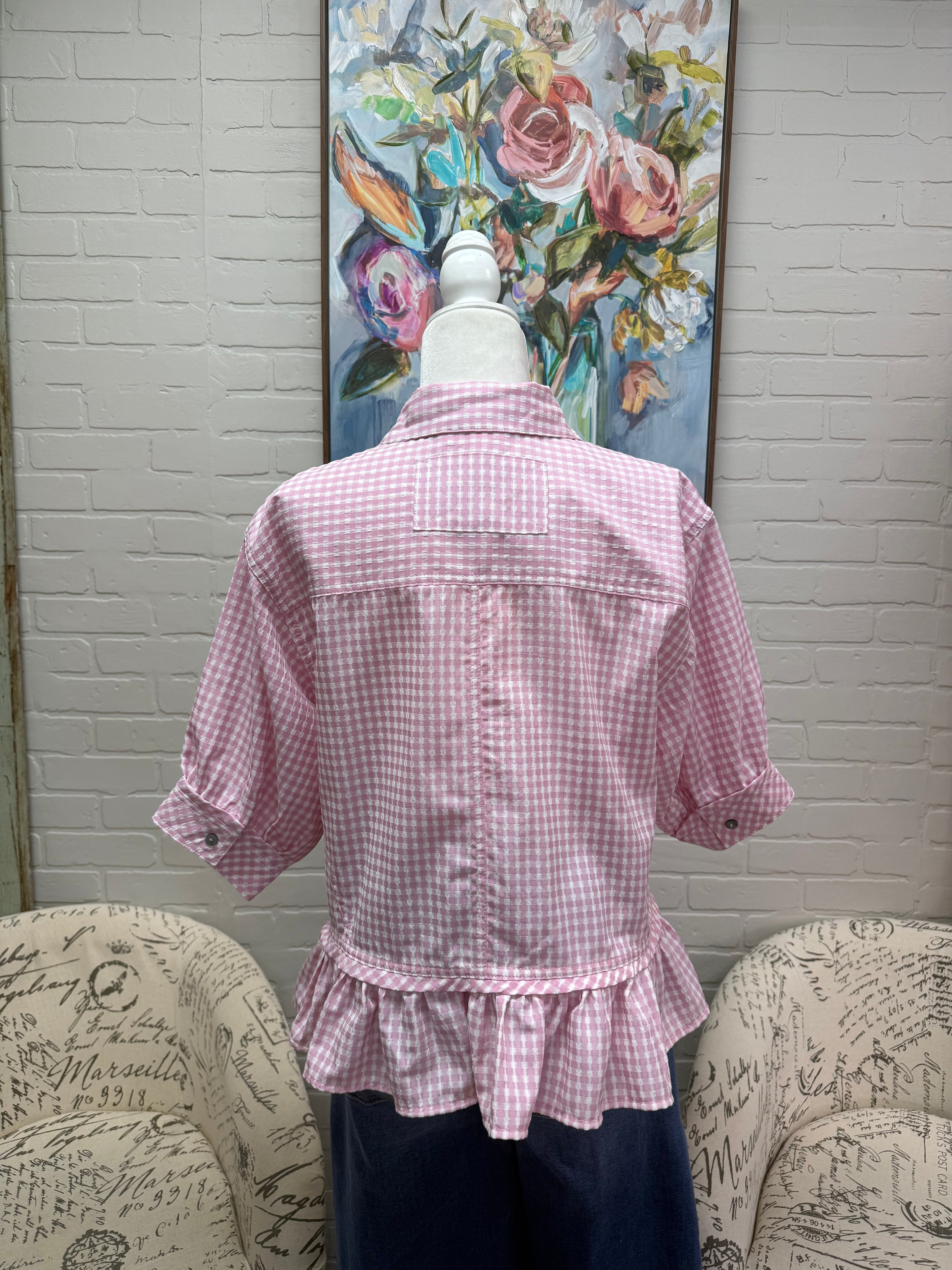 Pink Gingham Ruffle Hem Top