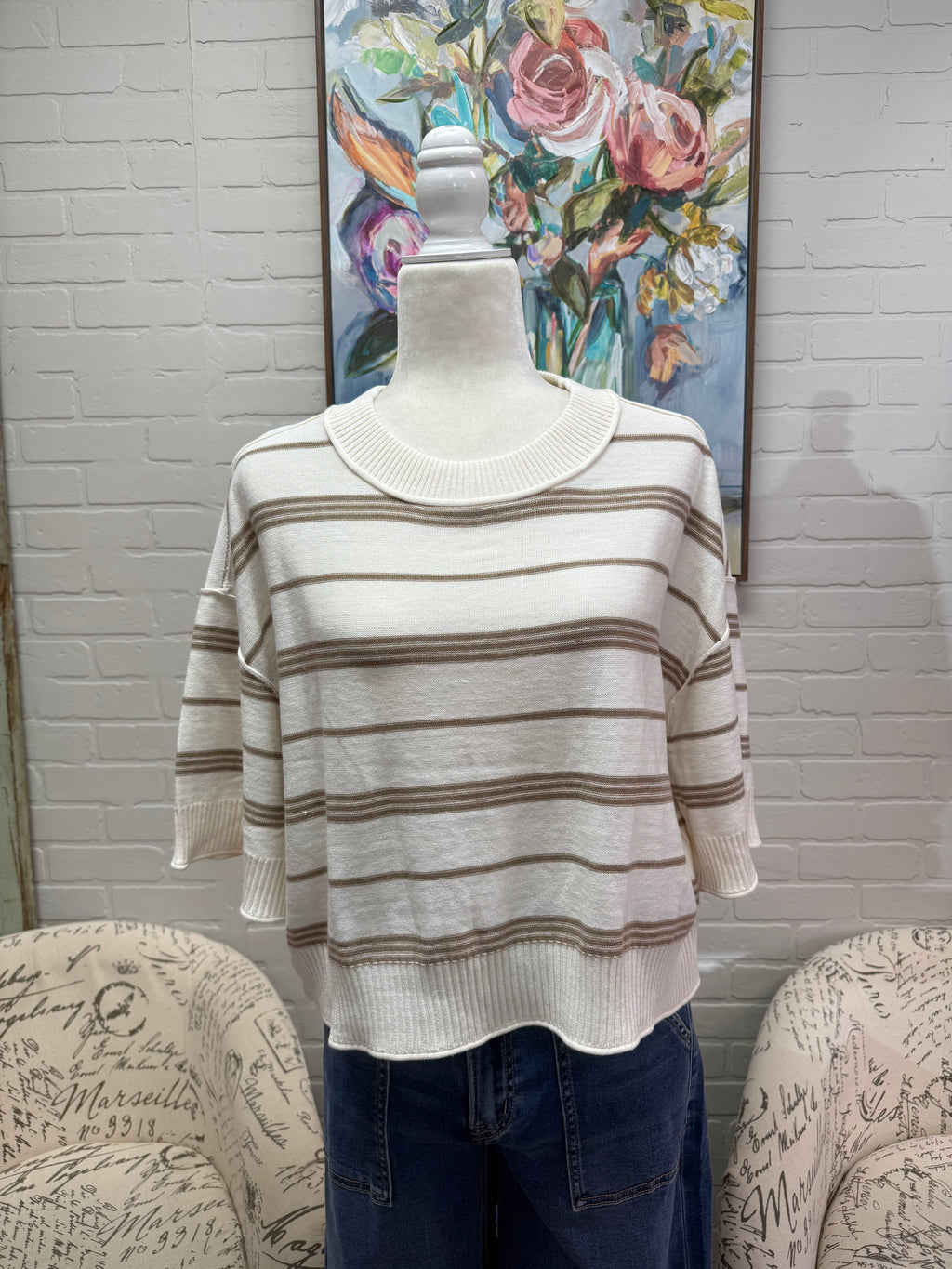 Cream Striped Dropped Shoulder Sweater