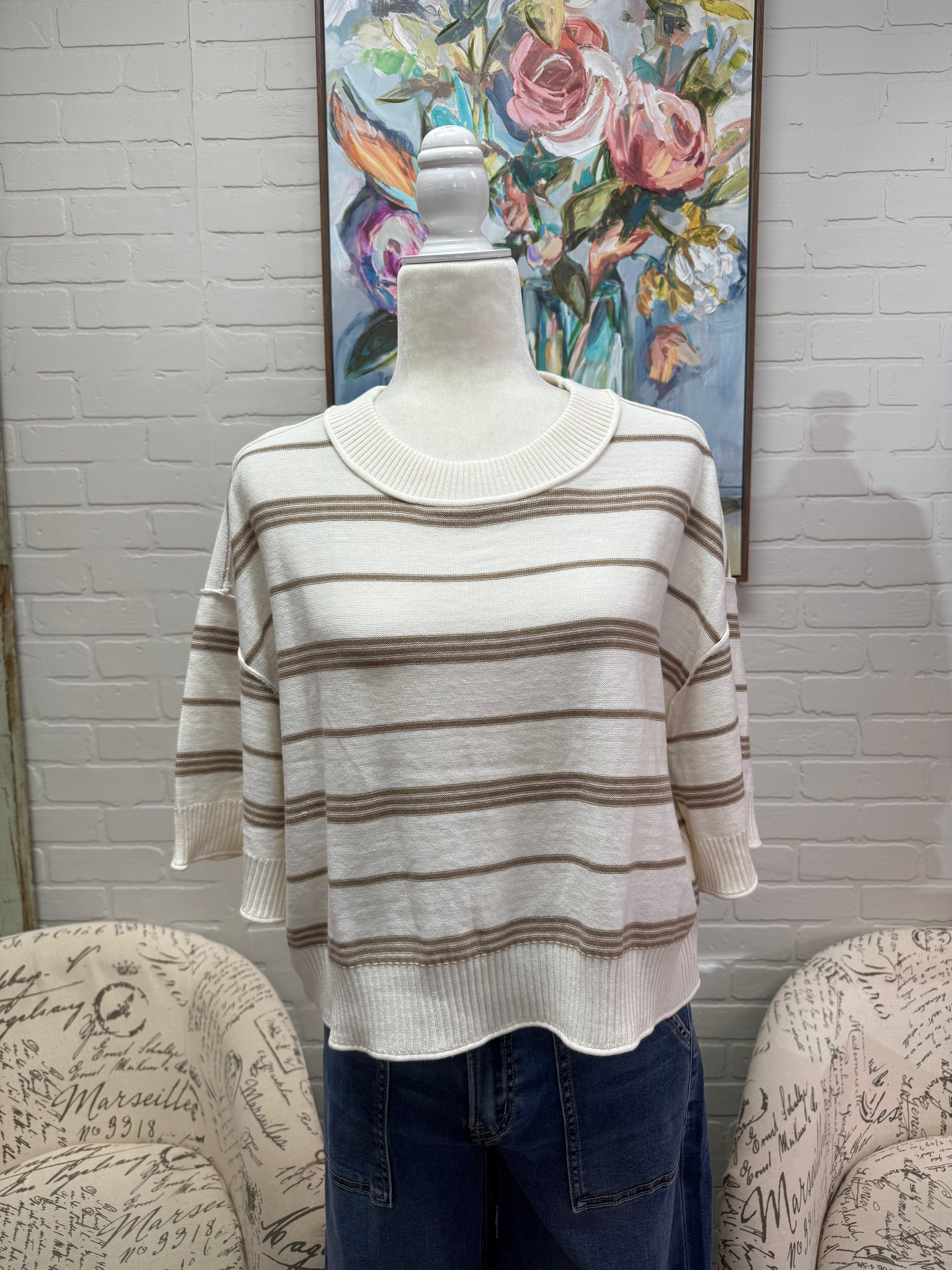 Cream Striped Dropped Shoulder Sweater