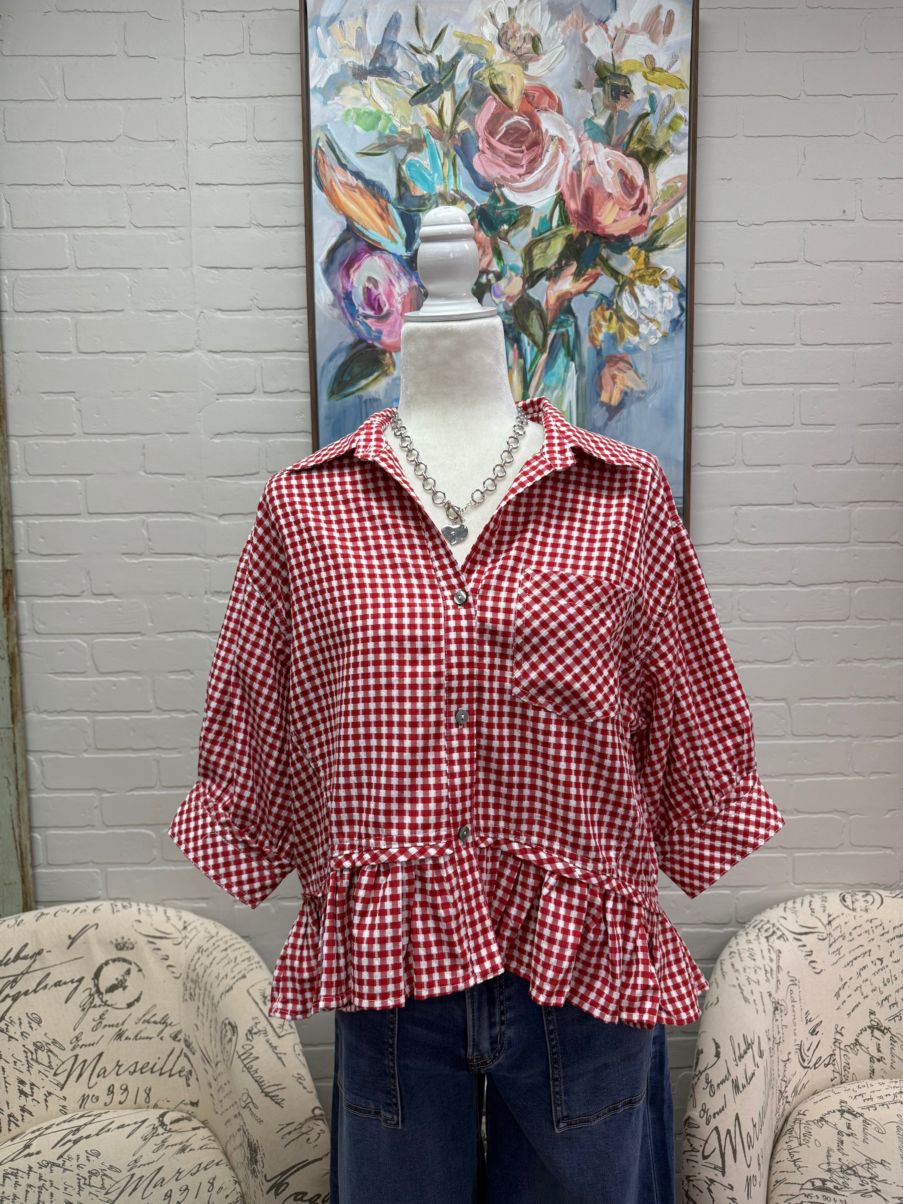 Red Gingham Ruffle Hem Top