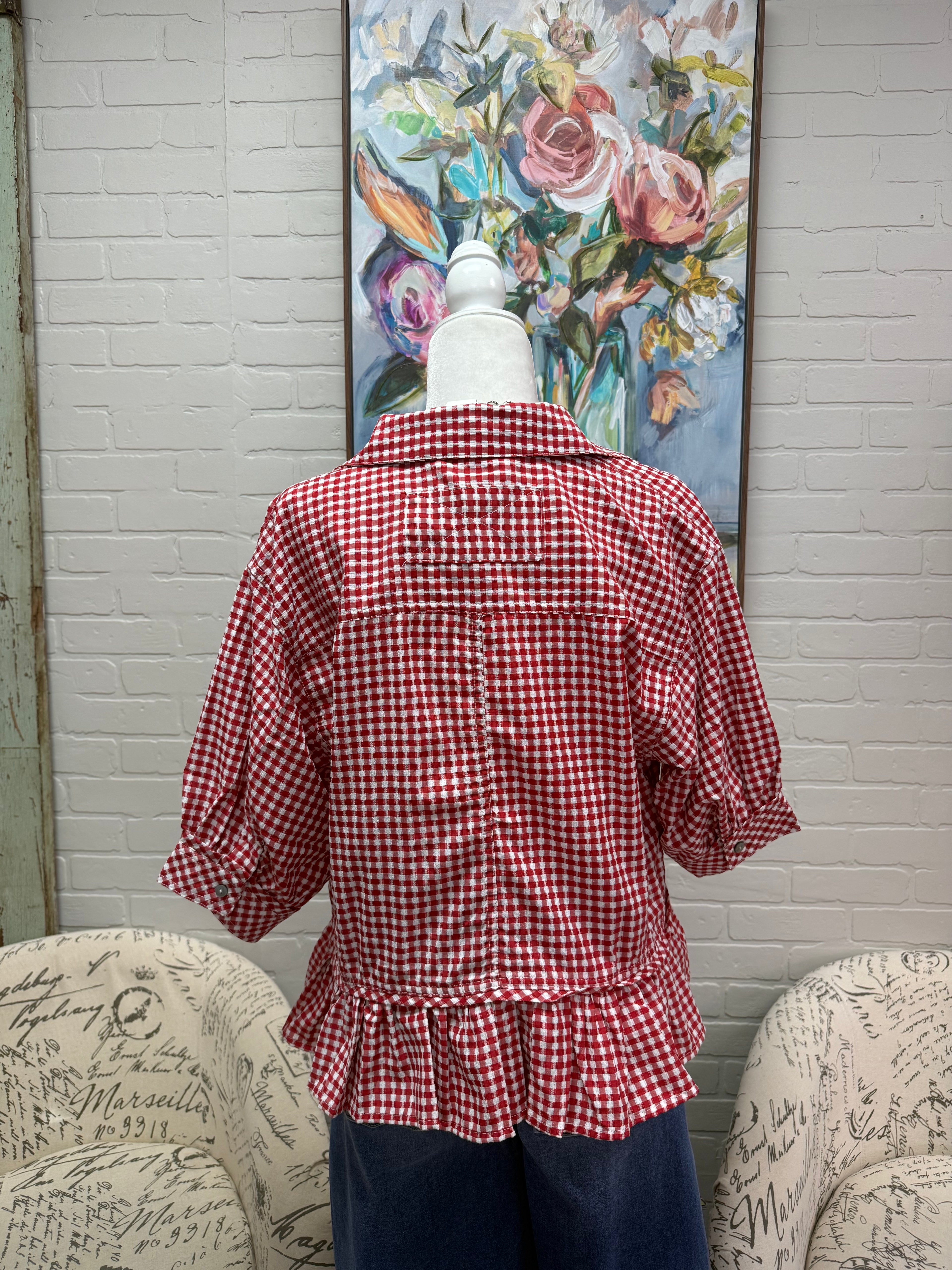 Red Gingham Ruffle Hem Top