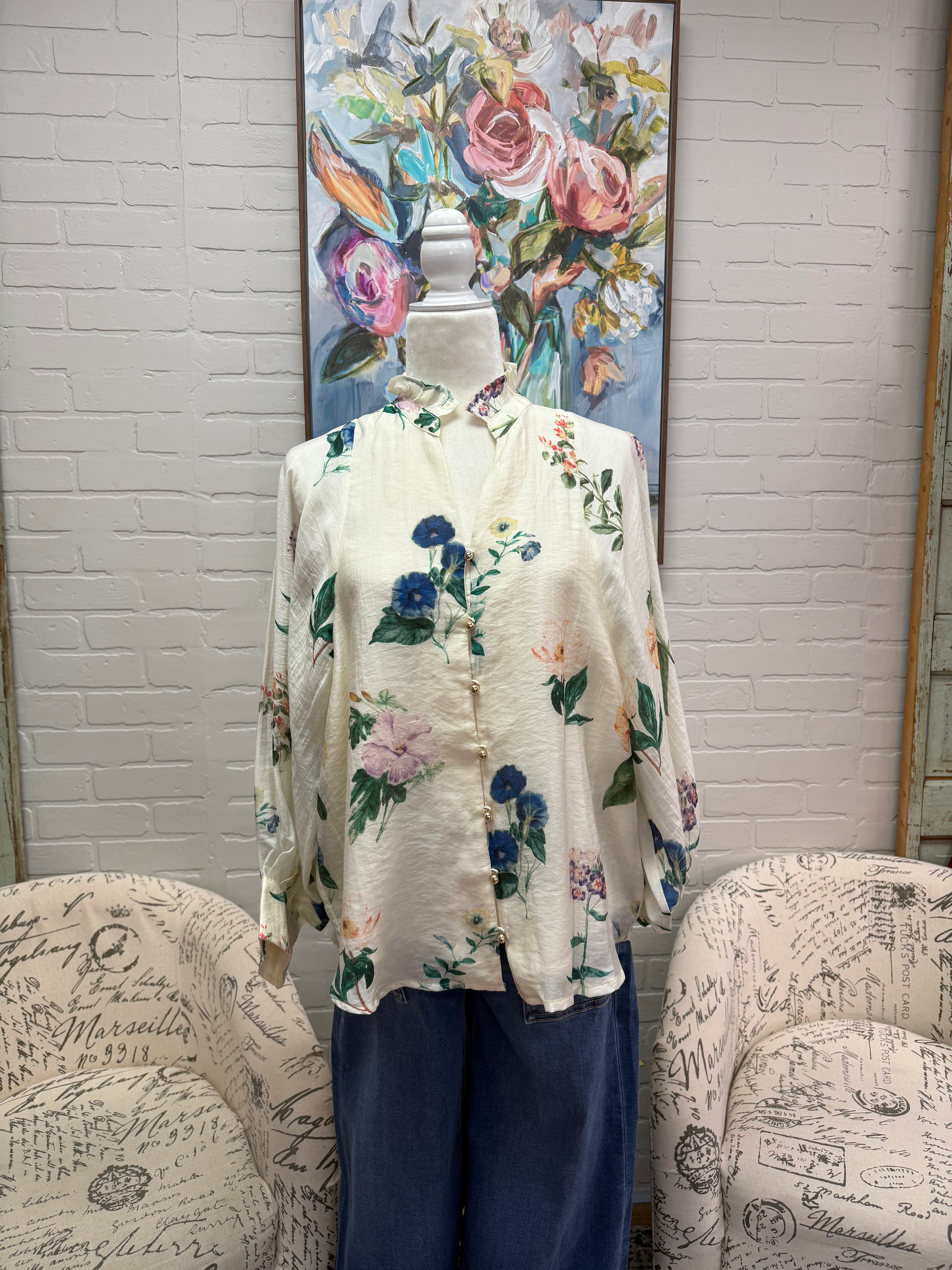 Cream Floral Button Down