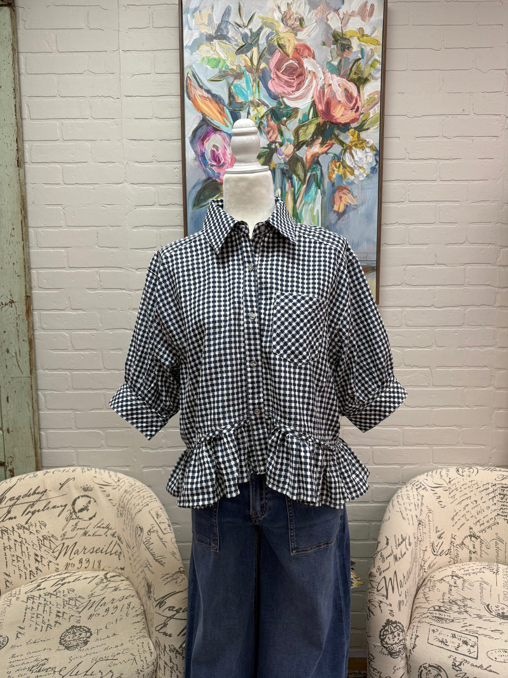 Navy Gingham Ruffle Hem Top