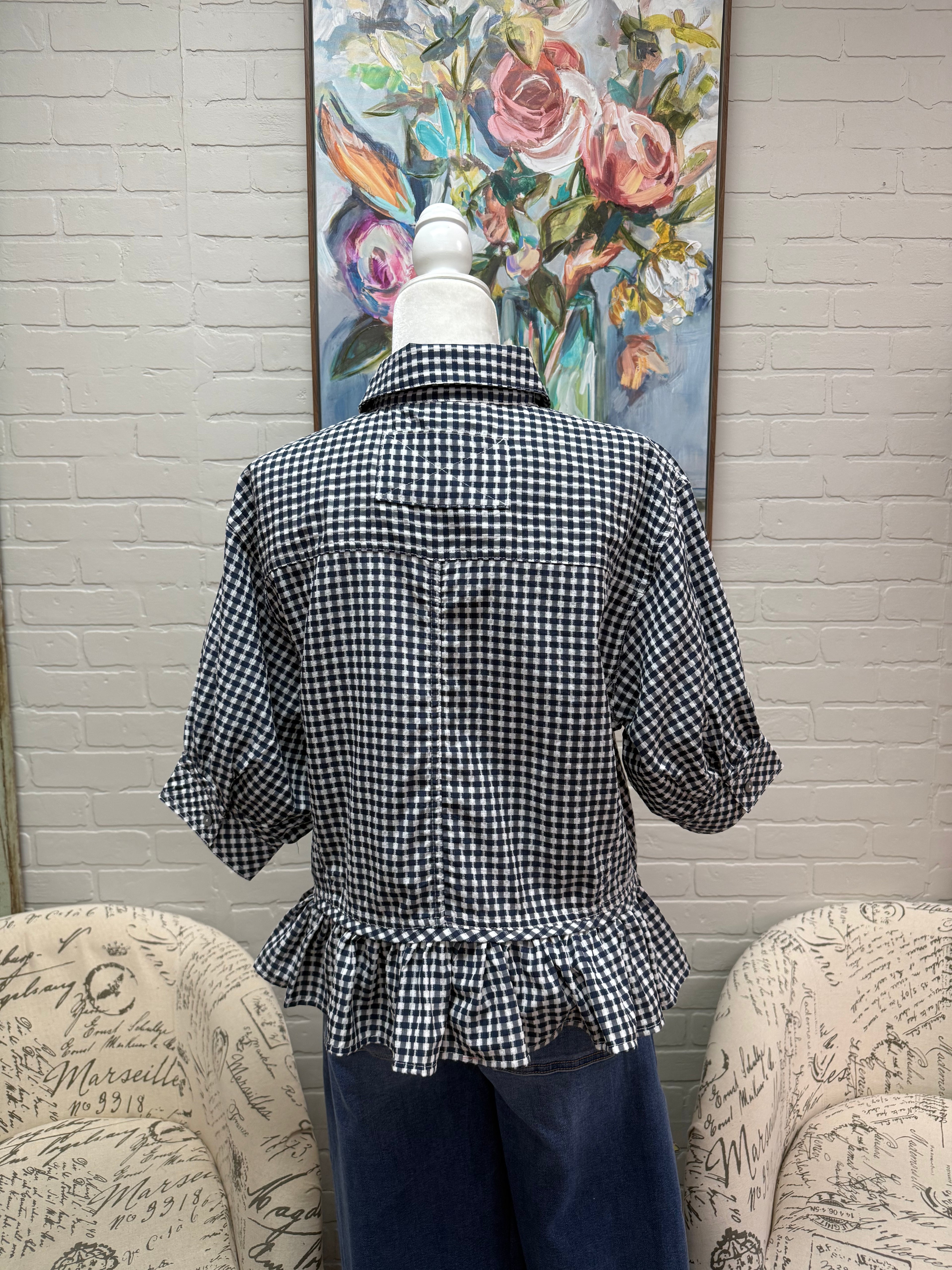 Navy Gingham Ruffle Hem Top