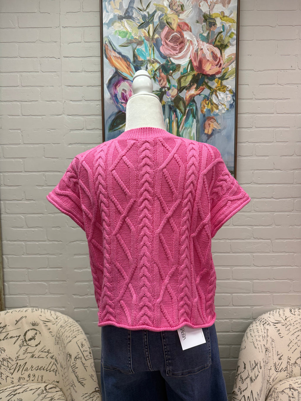 Pink Short Sleeve Cable Knit Sweater