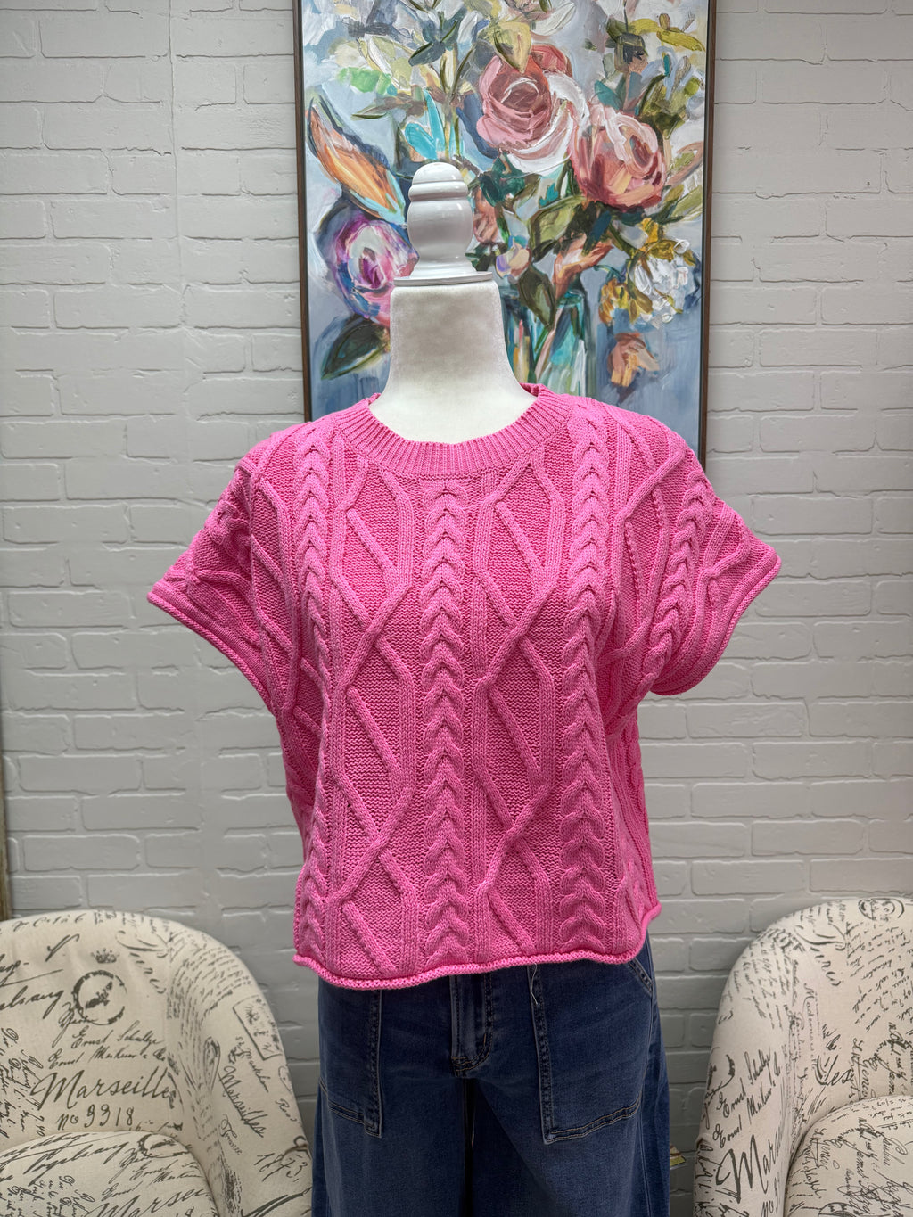 Pink Short Sleeve Cable Knit Sweater
