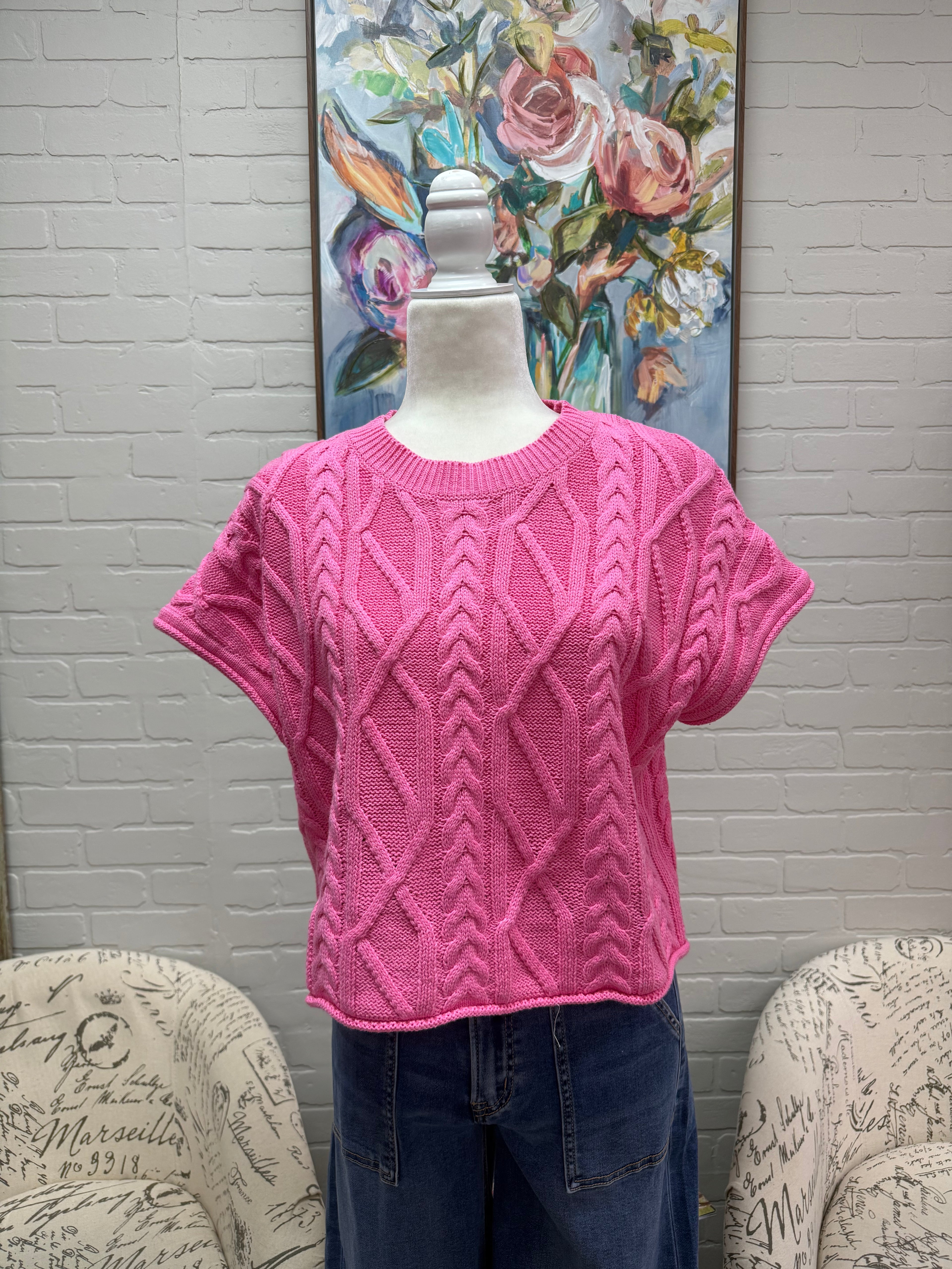 Pink Short Sleeve Cable Knit Sweater