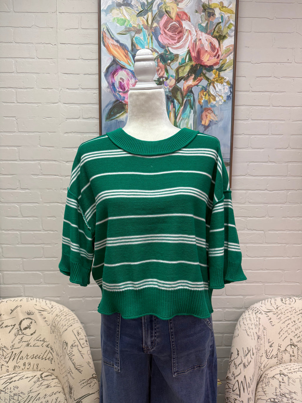 Green Striped Dropped Shoulder Sweater