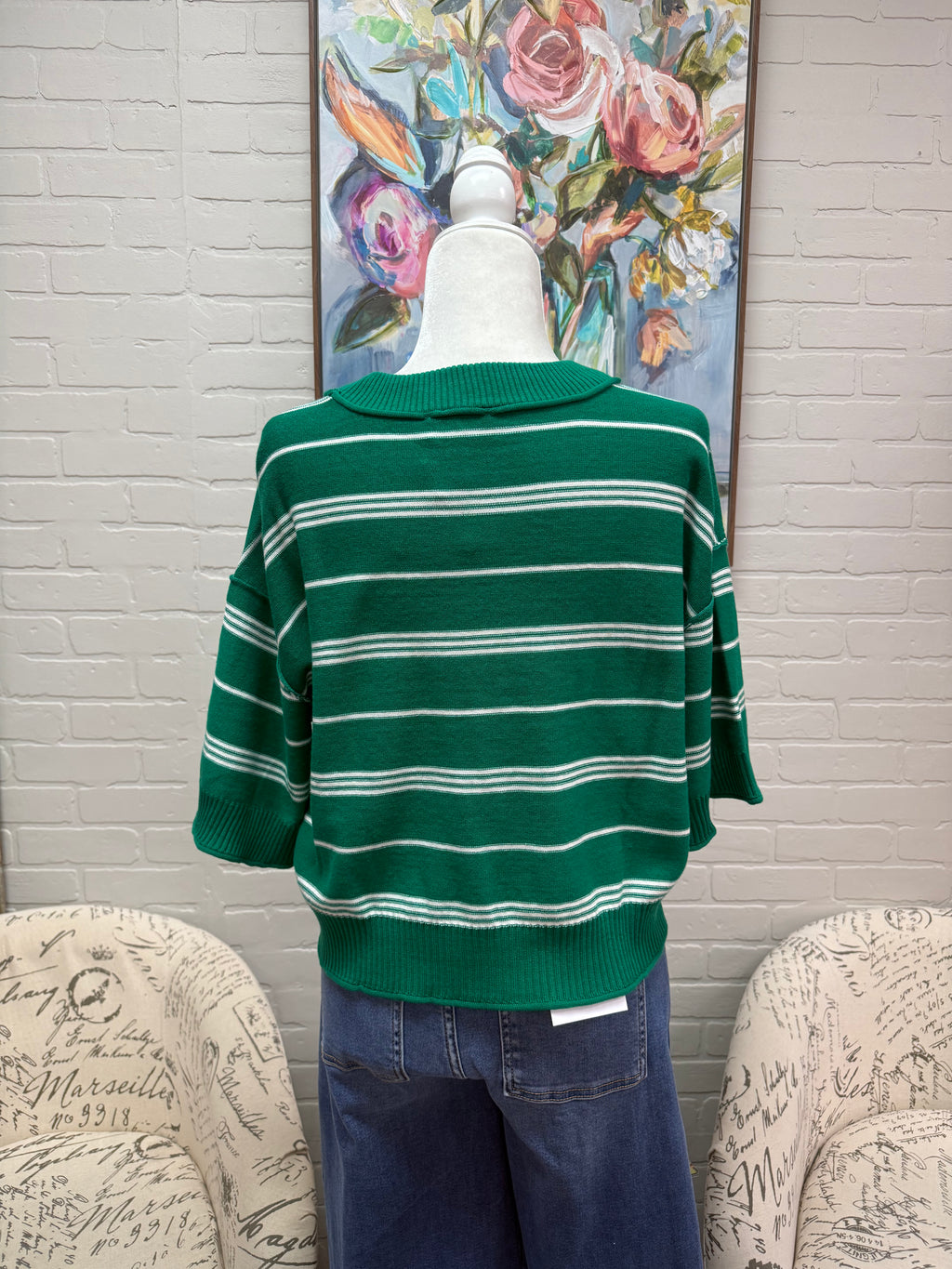 Green Striped Dropped Shoulder Sweater