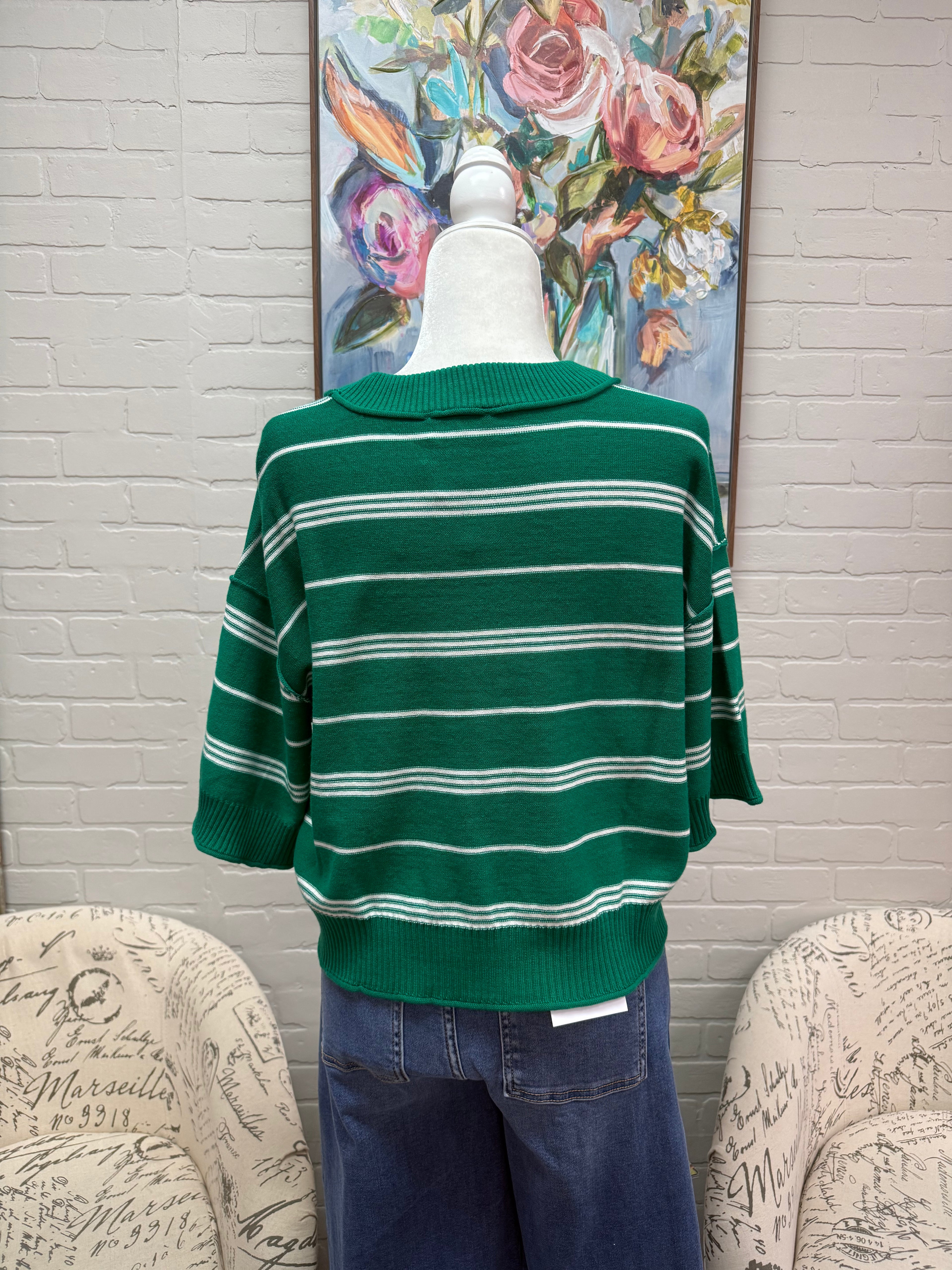 Green Striped Dropped Shoulder Sweater