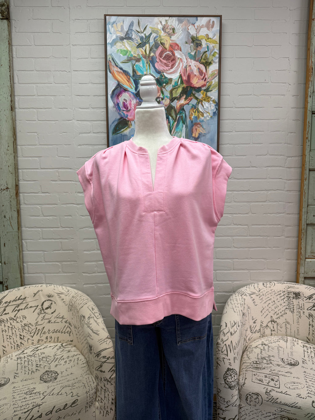 Pink Pleated Split Neck Top