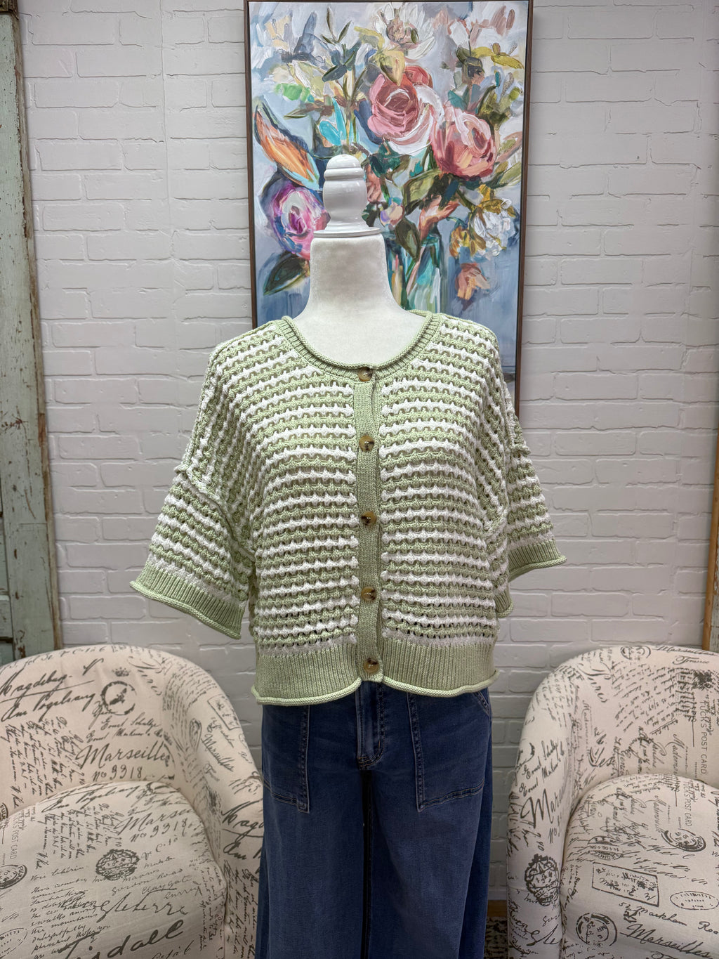 Olive Striped Button Down Sweater