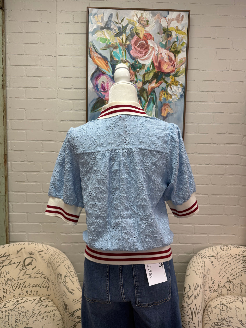 Ice Blue Striped Contrast Textured Top