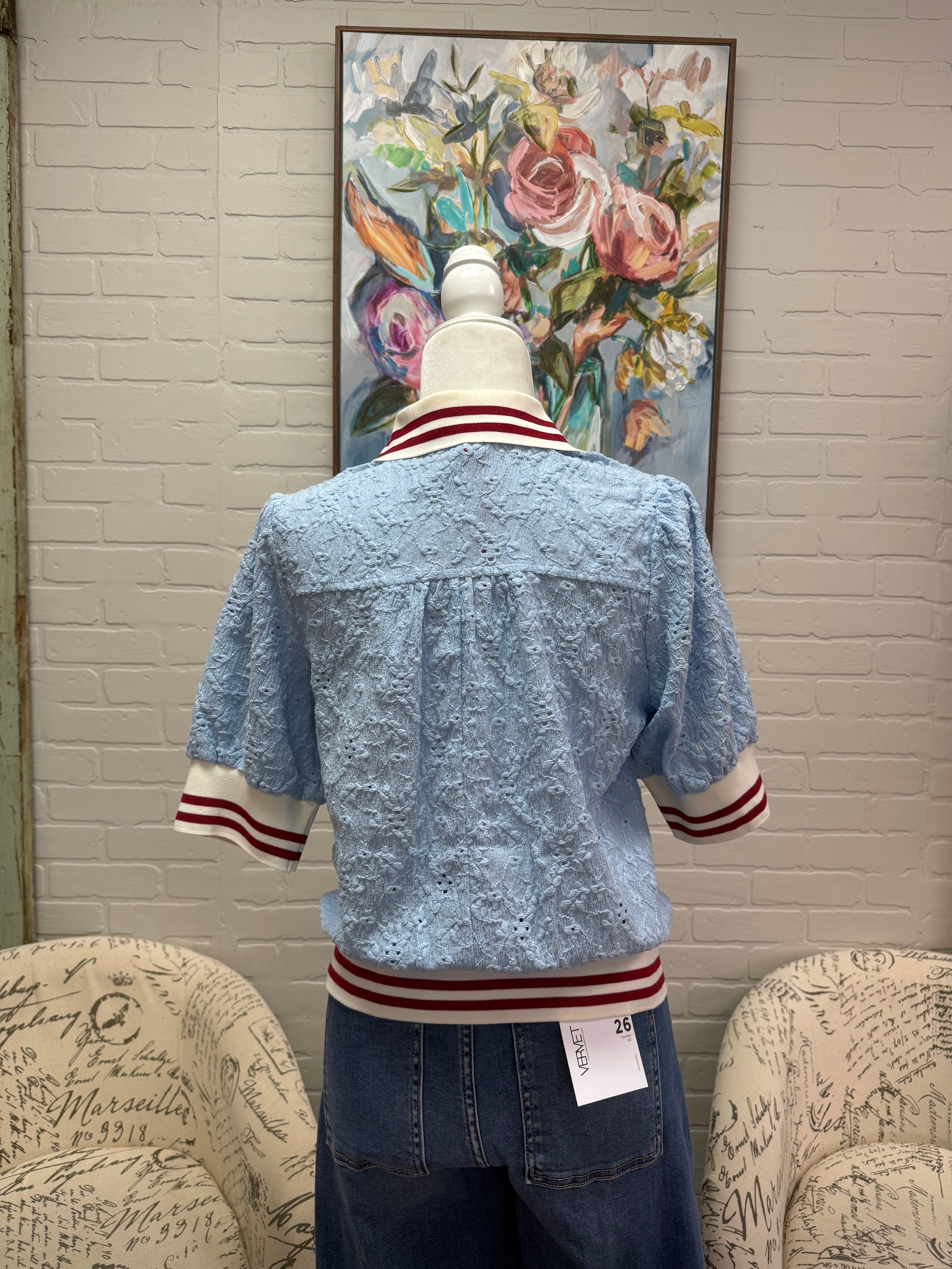 Ice Blue Striped Contrast Textured Top