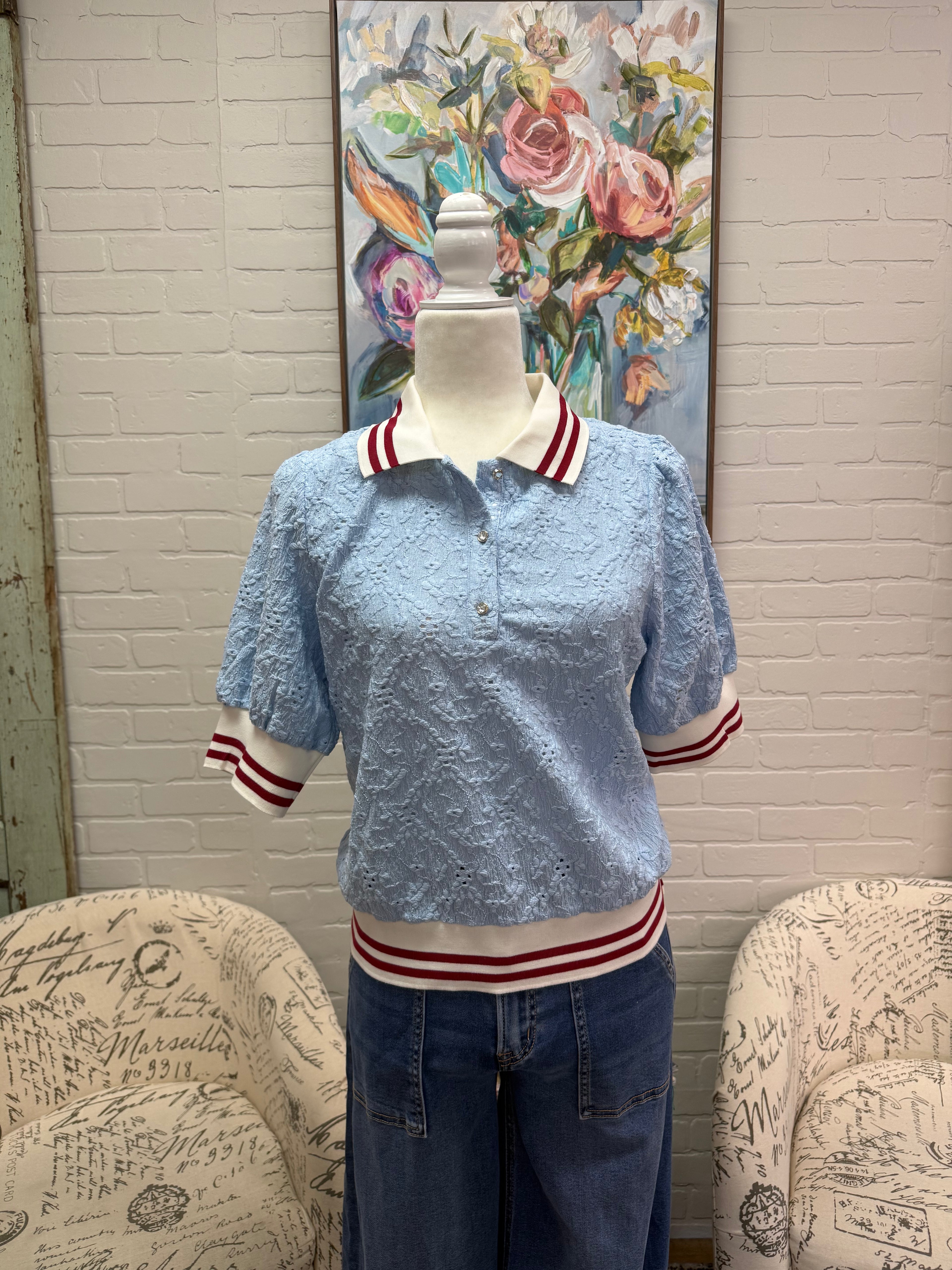 Ice Blue Striped Contrast Textured Top